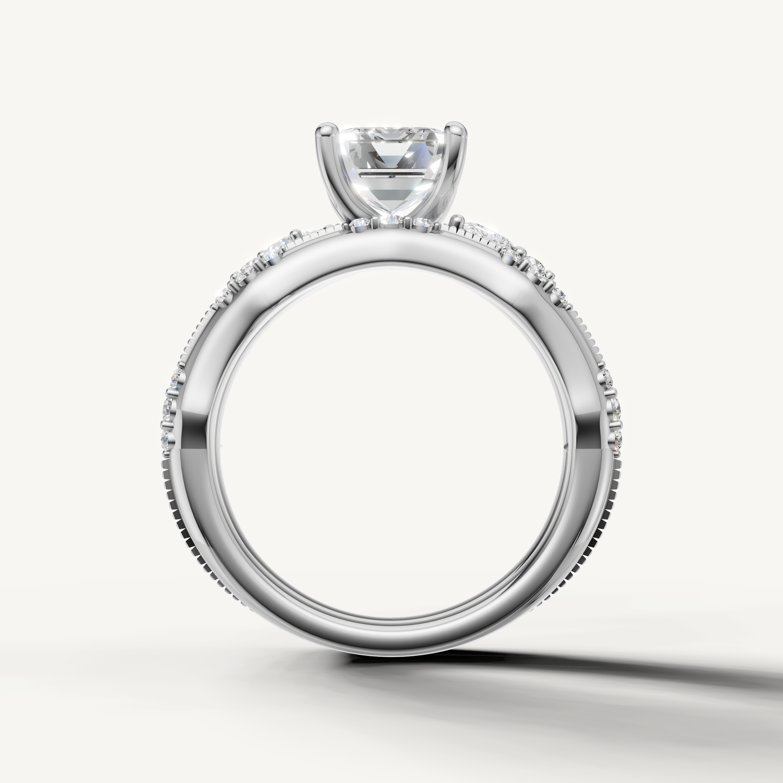Modern Emerald Bridal Set Ring with Curved Diamond Wedding Band White Gold