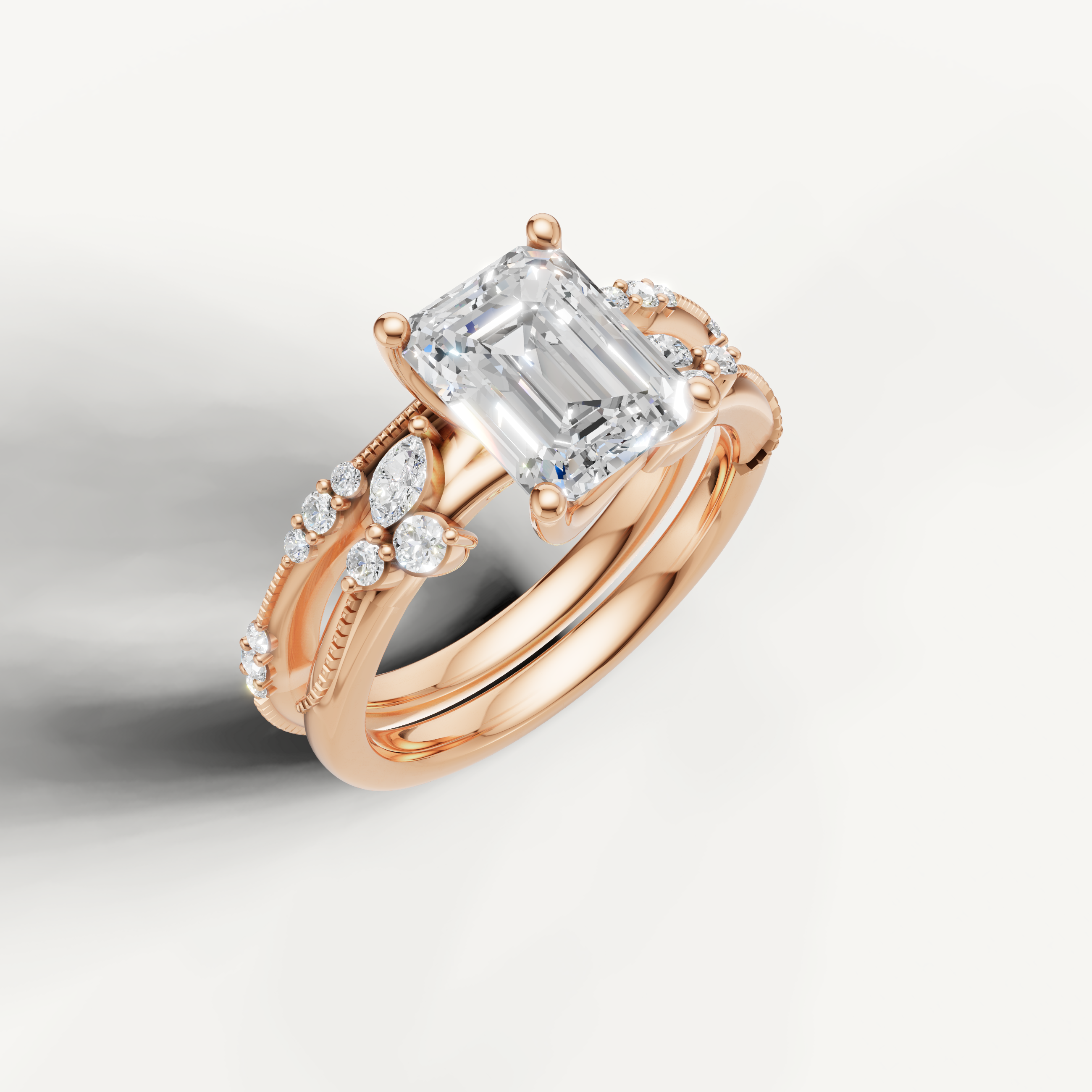 Romantic Emerald Diamond Engagement Bridal Set with Pavé Band Rose Gold