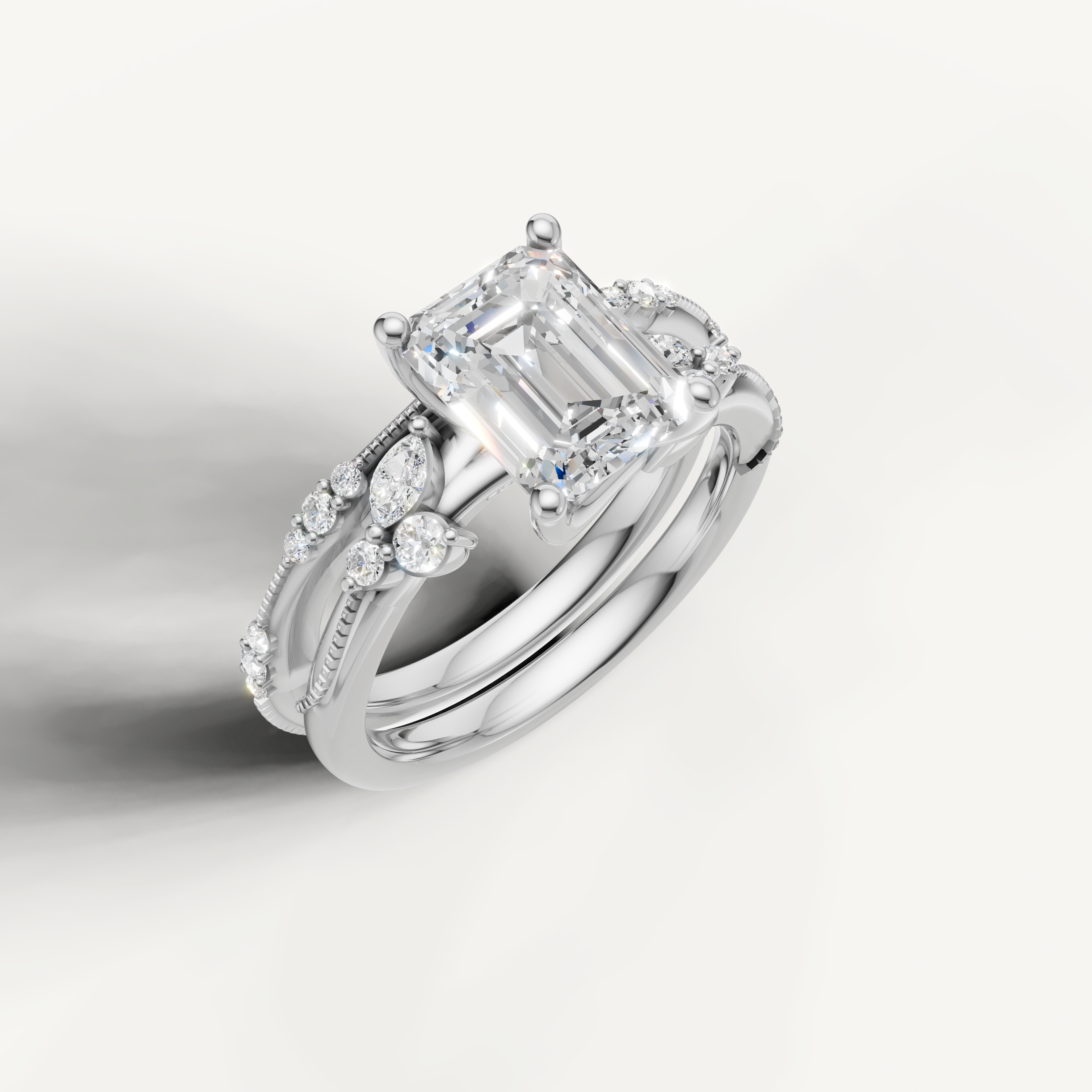 Classic Emerald Diamond Bridal Ring Set with Pavé Wedding Band White Gold