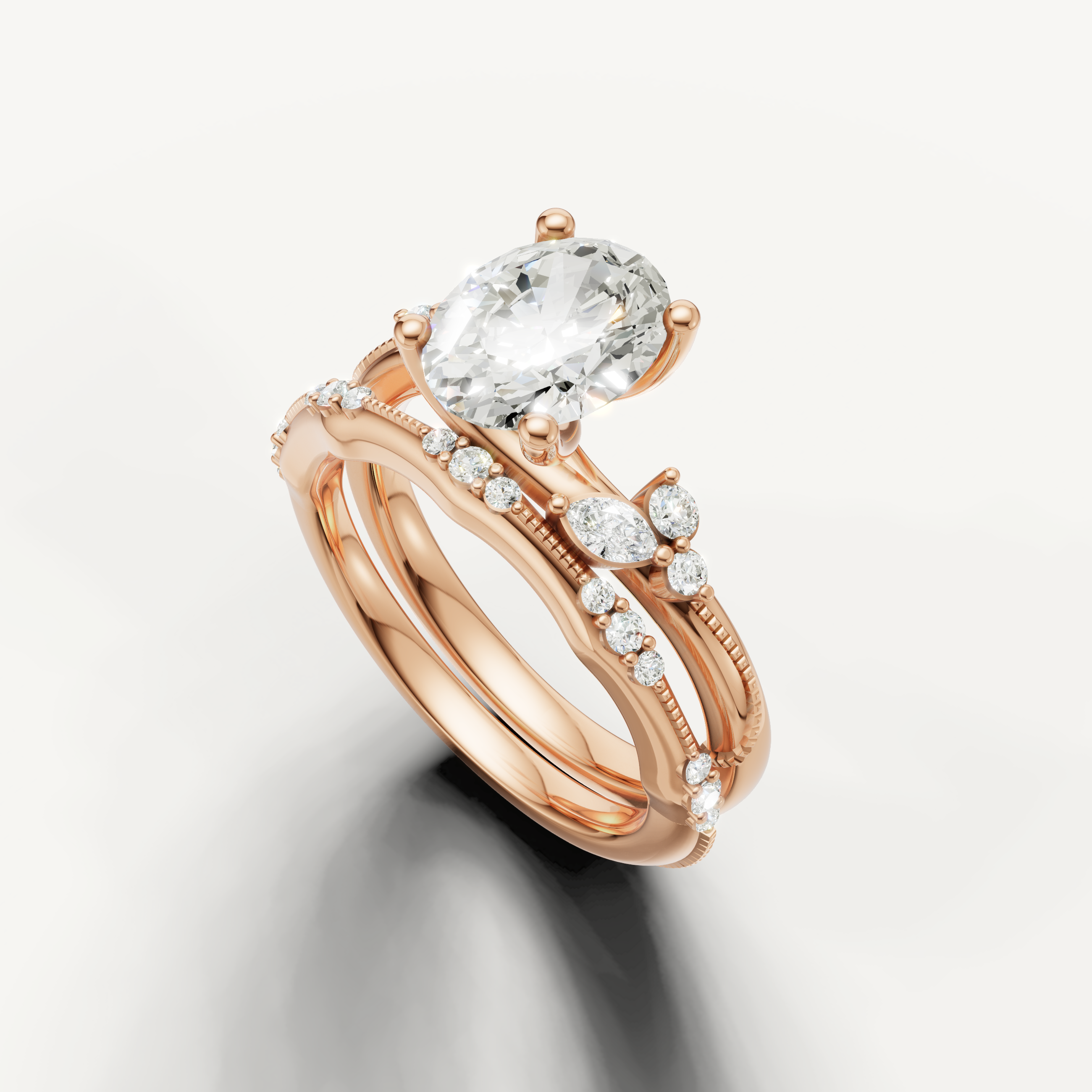 Vintage Style Oval Cut Bridal Ring Set with Diamond Wedding Band Rose Gold