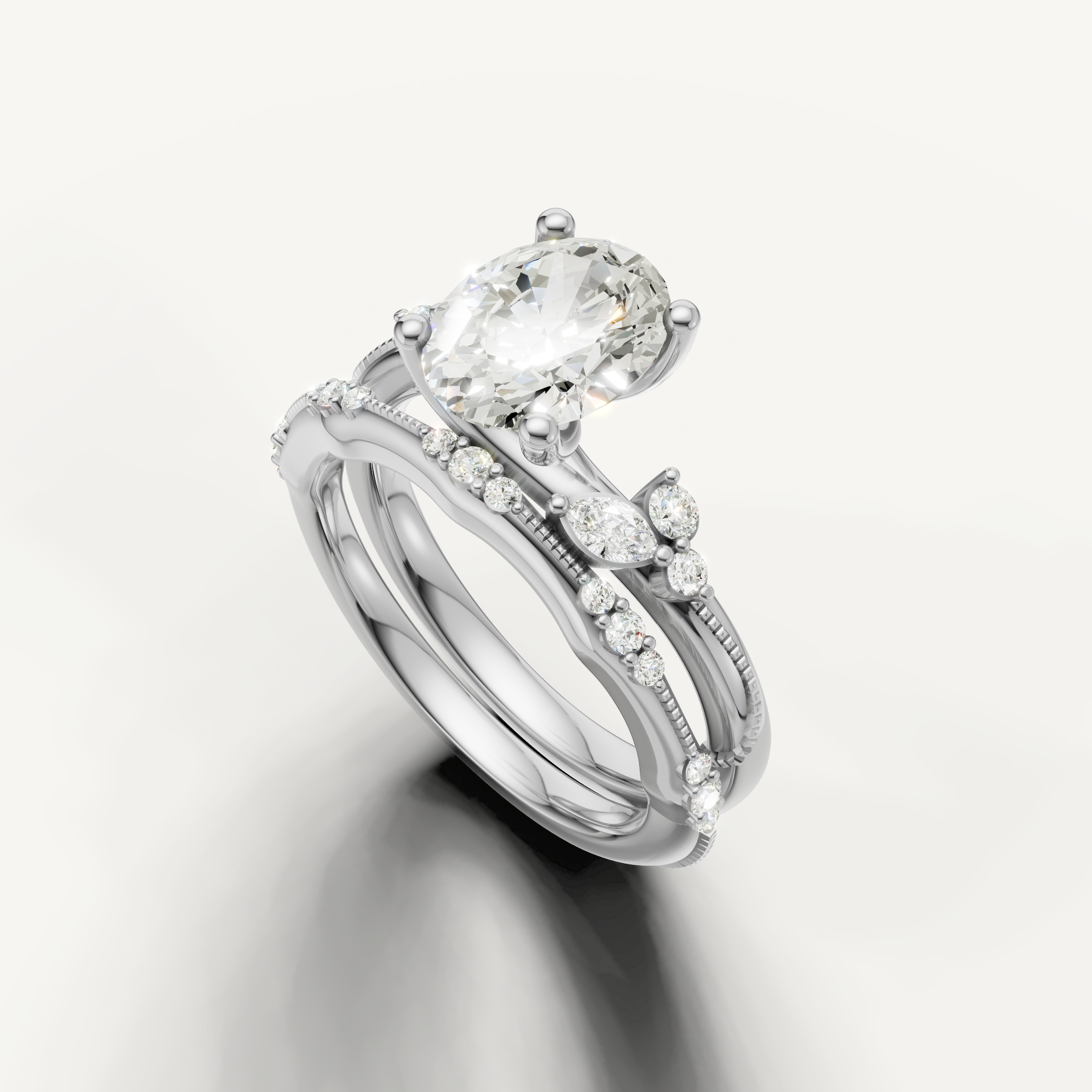 Luxury Oval Cut Lab Grown Diamond Bridal Set with Diamond Bands White Gold