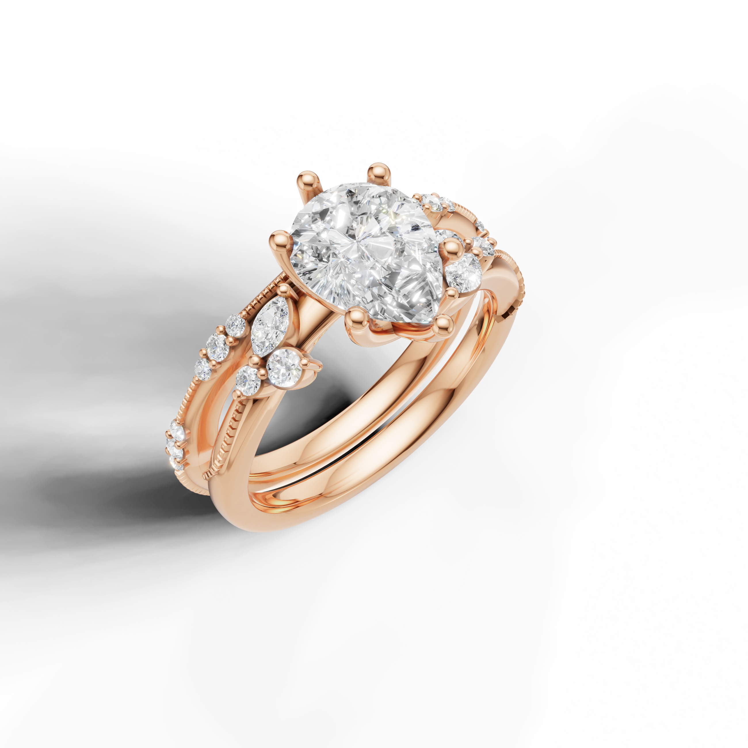 Romantic Pear Diamond Engagement Bridal Set with Pavé Band Rose Gold