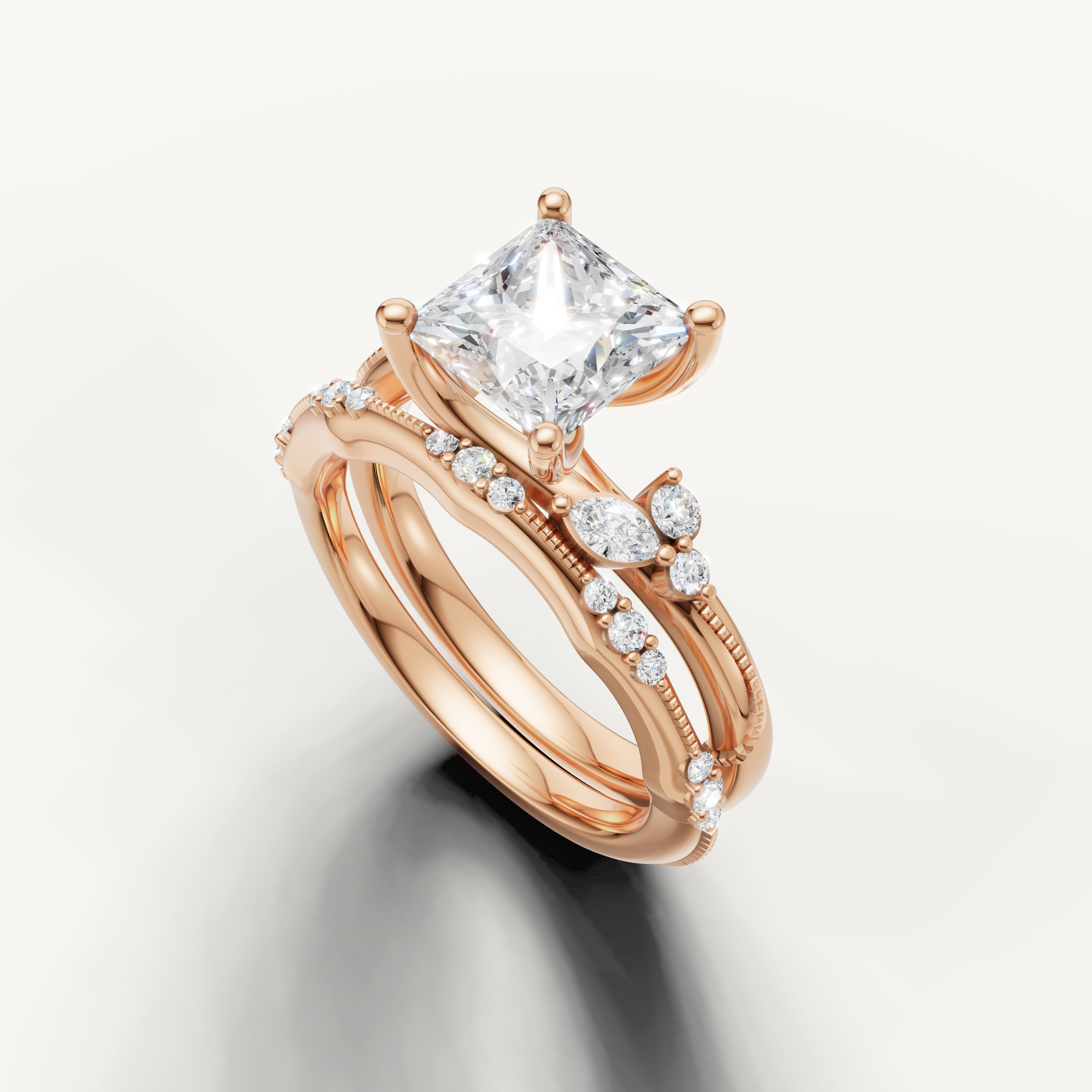 Vintage Style Pear Cut Bridal Ring Set with Diamond Wedding Band Rose Gold