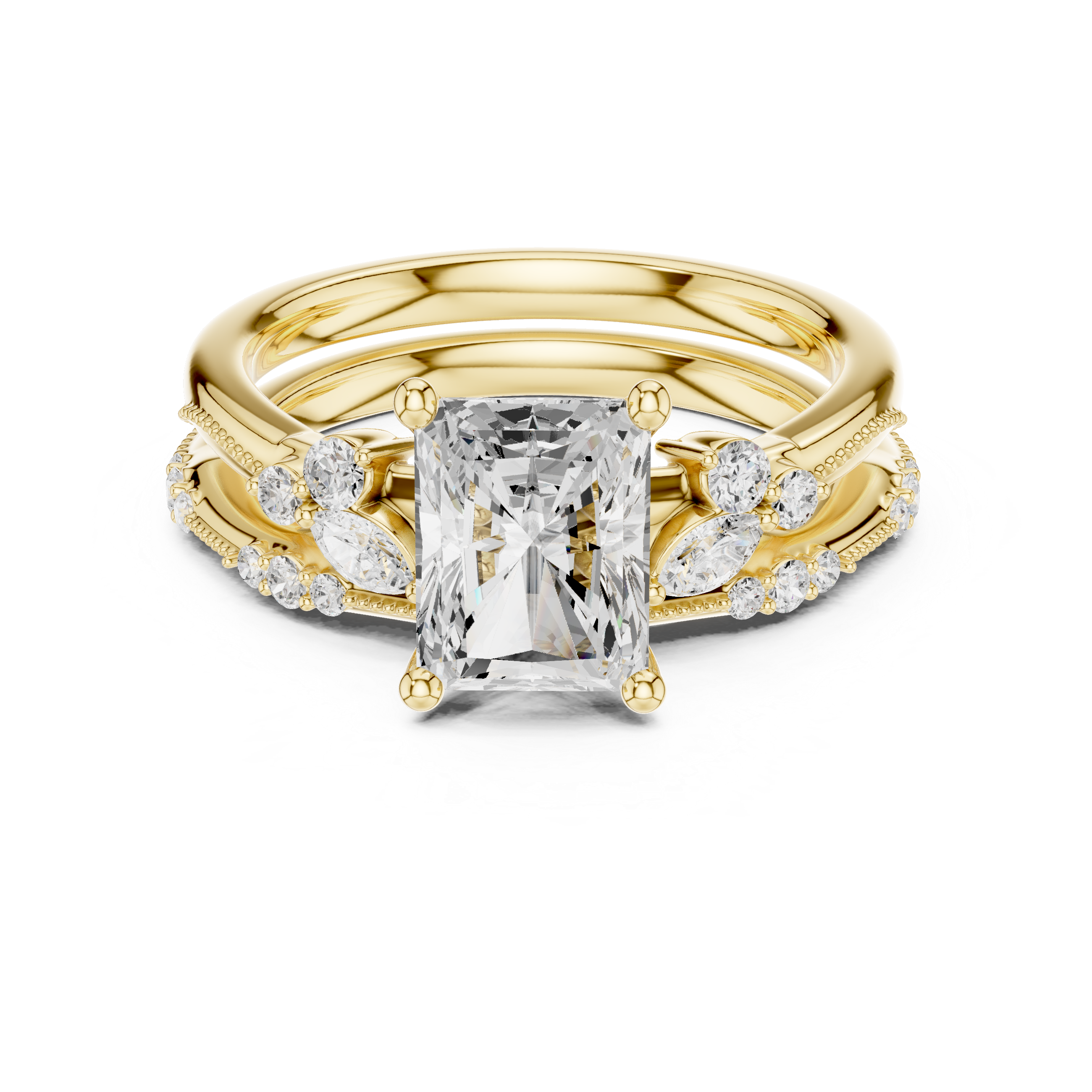 2ct Radiant Cut Lab Grown Diamond Bridal Set | Vintage-Inspired Nesting Wedding Ring
