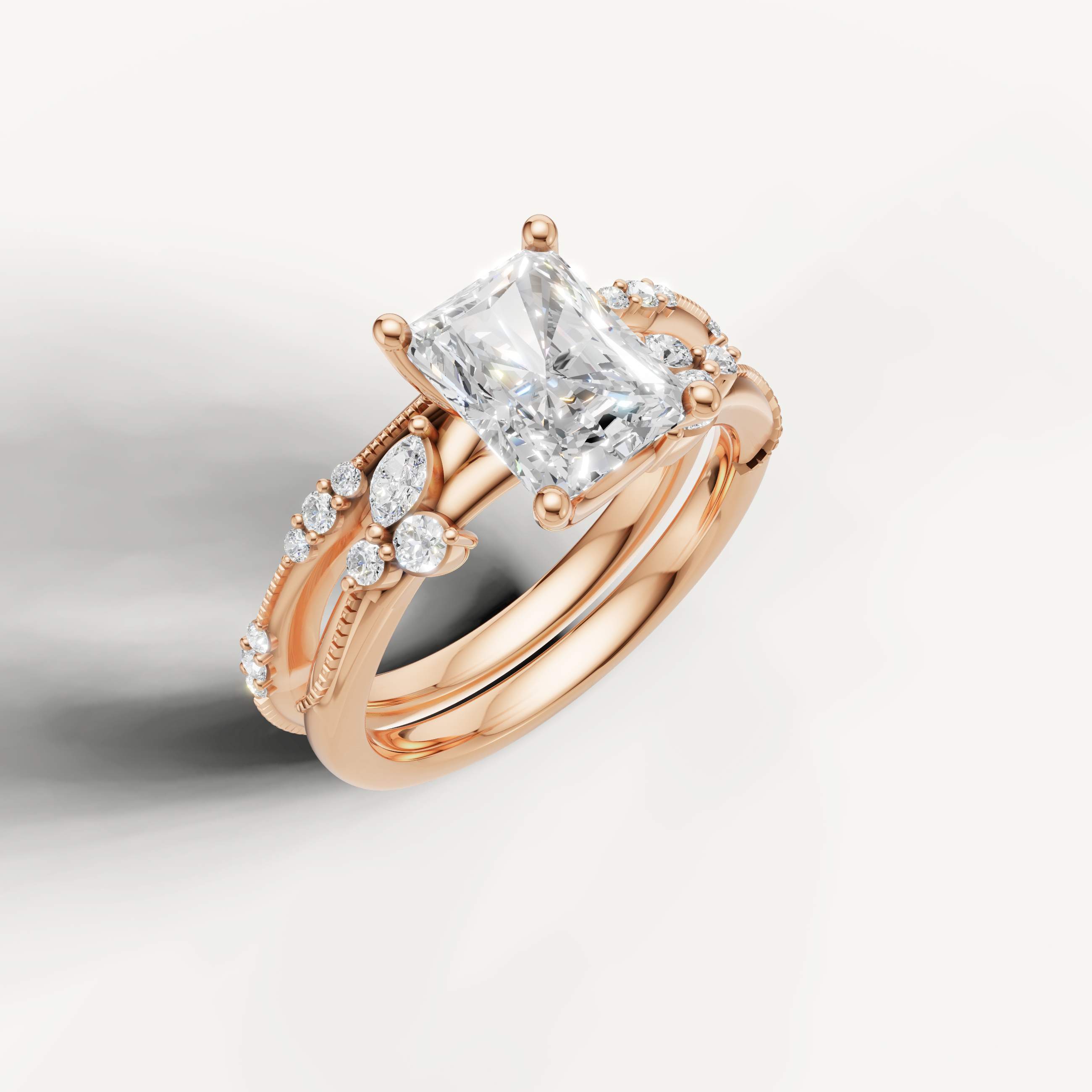 Romantic Radiant Diamond Engagement Bridal Set with Pavé Band Rose Gold