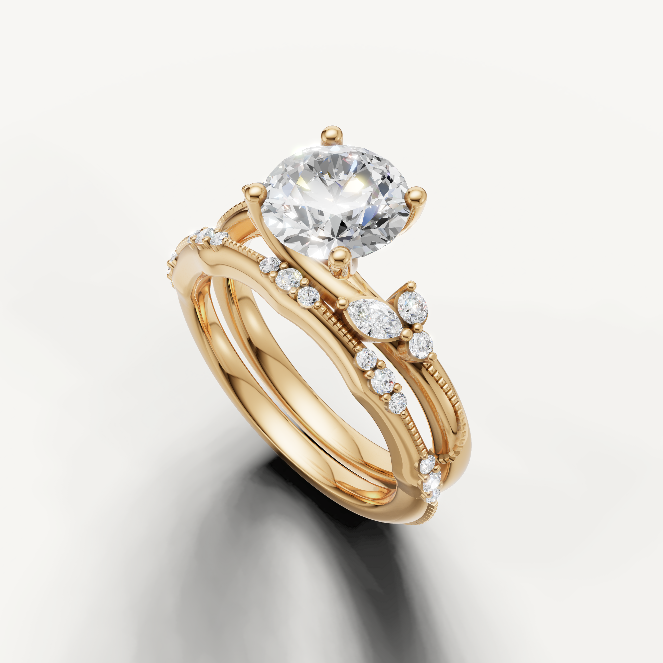 Vintage Inspired Round Cut Lab Grown Diamond Bridal Set Yellow Gold