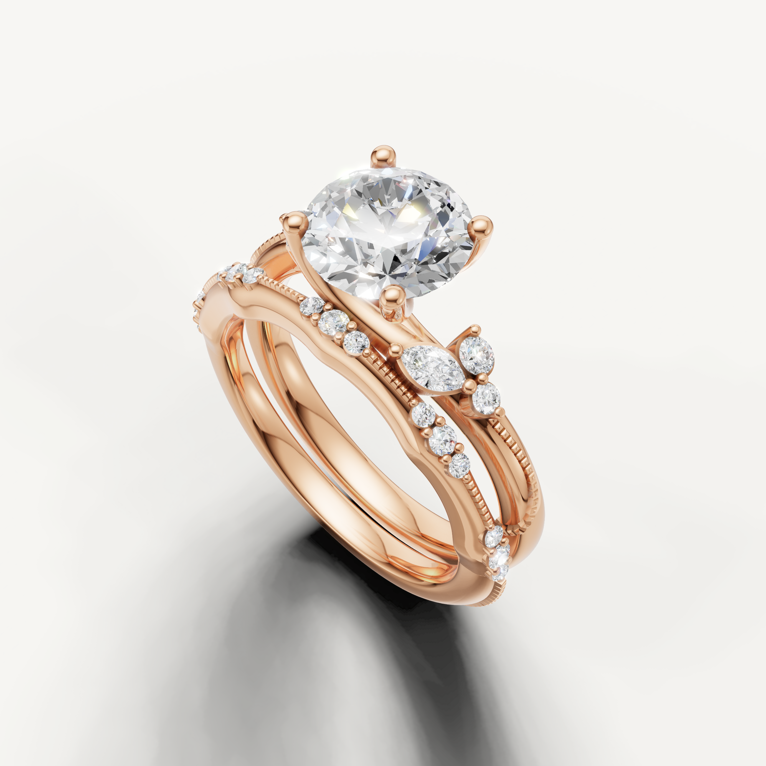 Vintage Style Round Cut Bridal Ring Set with Diamond Wedding Band Rose Gold