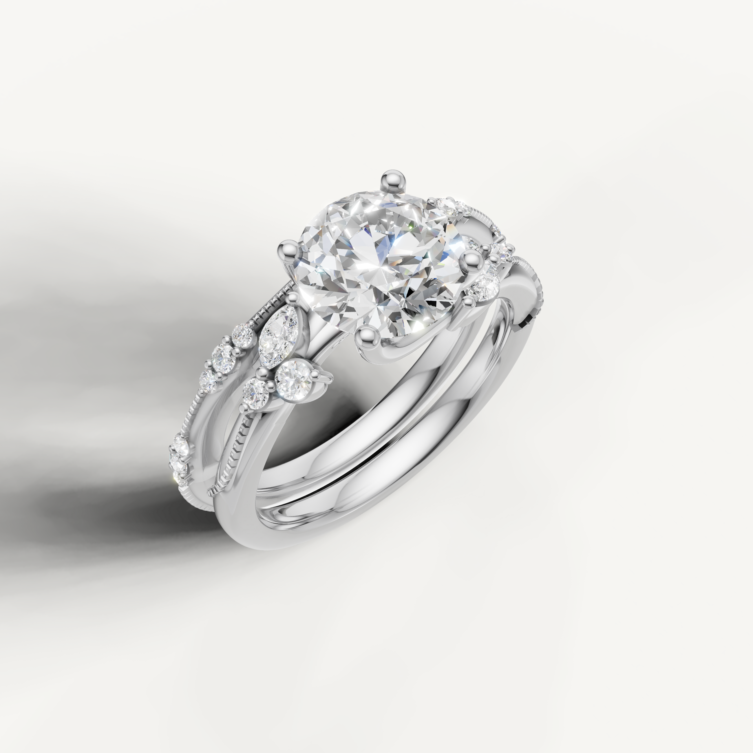 Classic Round Diamond Bridal Ring Set with Pavé Wedding Band White Gold