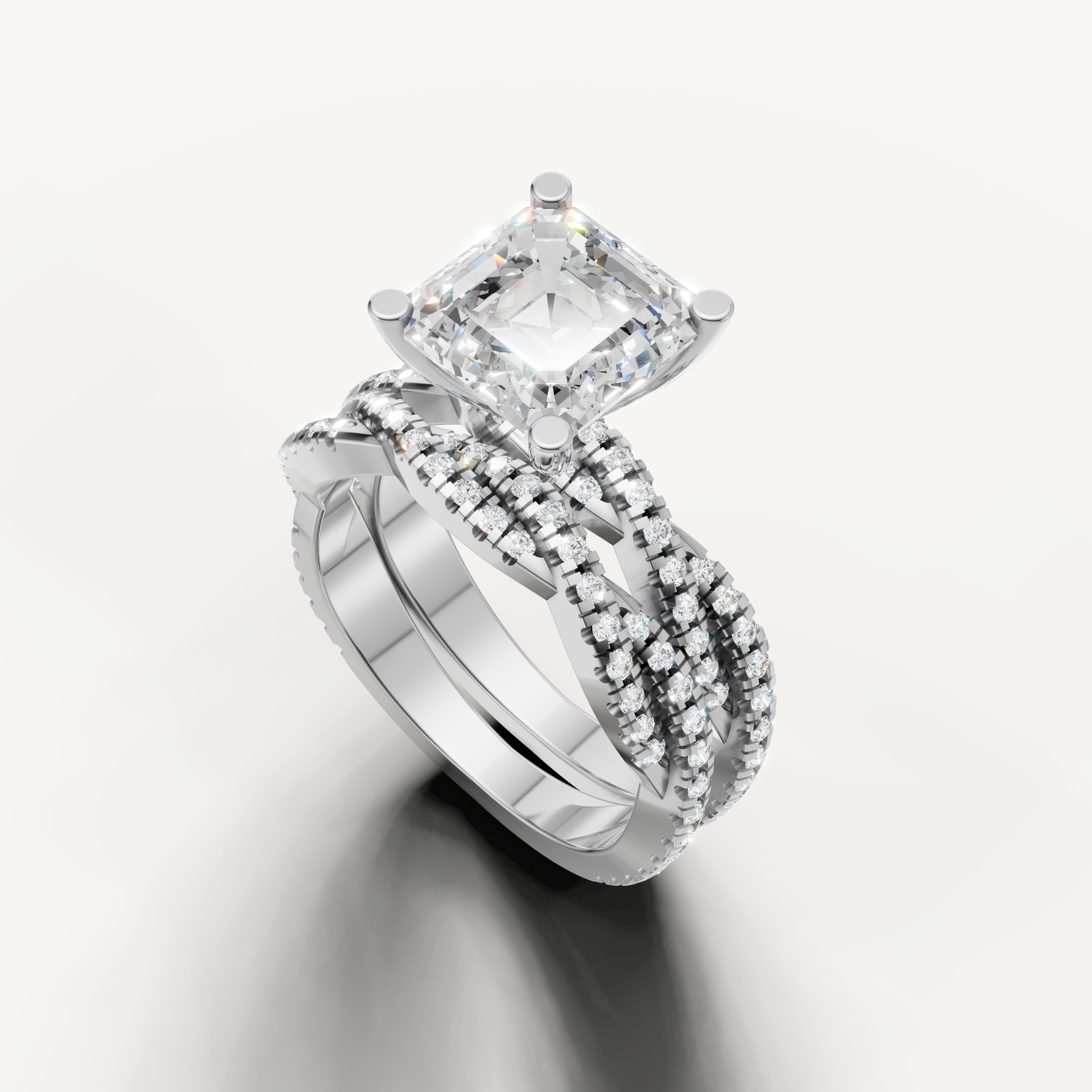 Modern Asscher Cut Lab Grown Diamond Bridal Set with Split Shank White Gold
