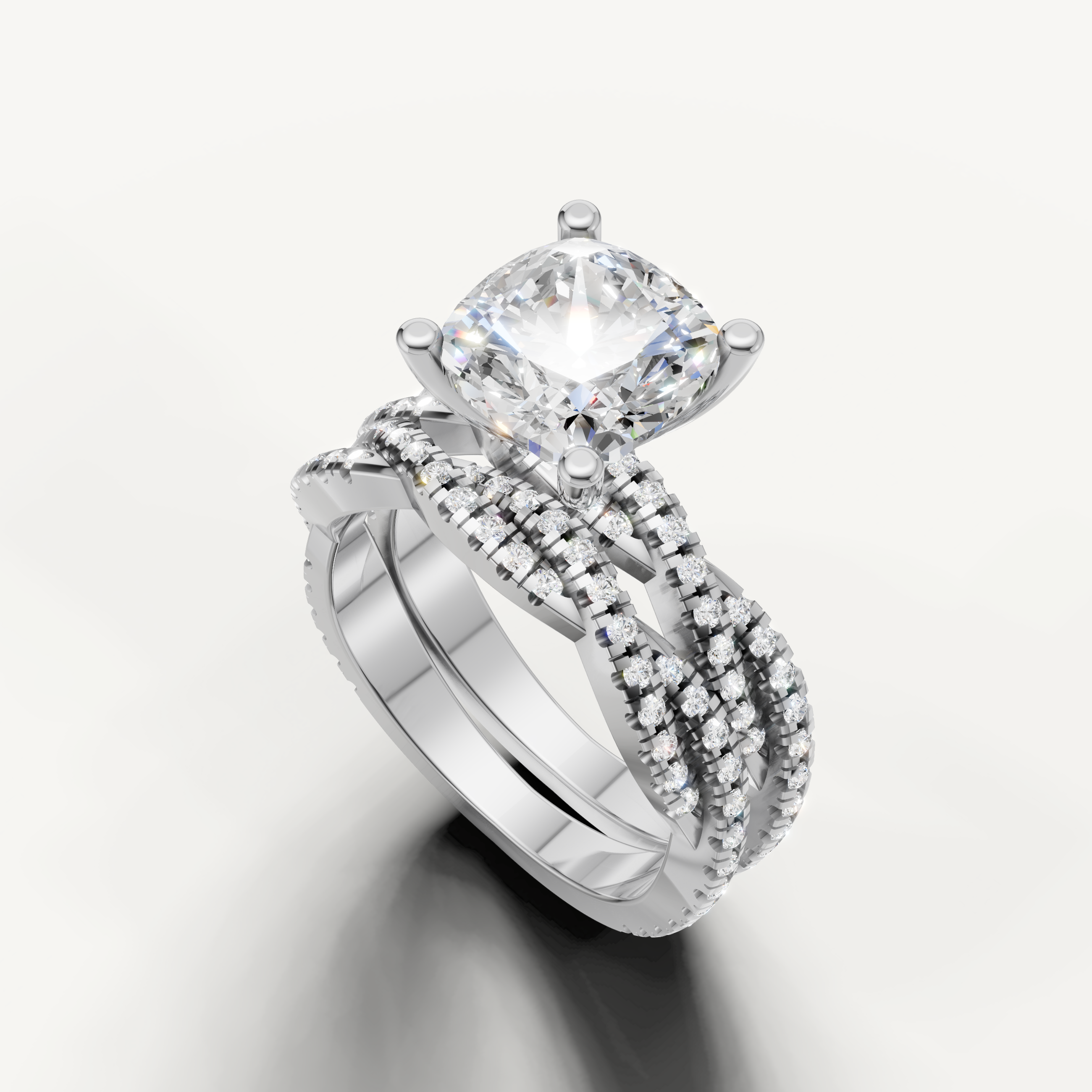Modern Cushion Cut Lab Grown Diamond Bridal Set with Split Shank White Gold