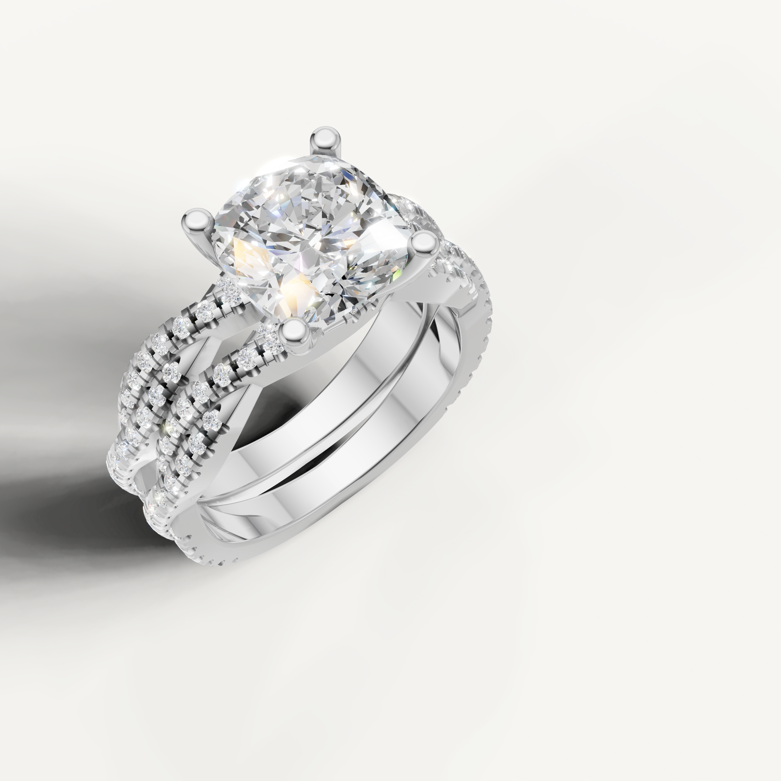 Classic Cushion Diamond Bridal Ring Set with Triple Pavé Bands White Gold