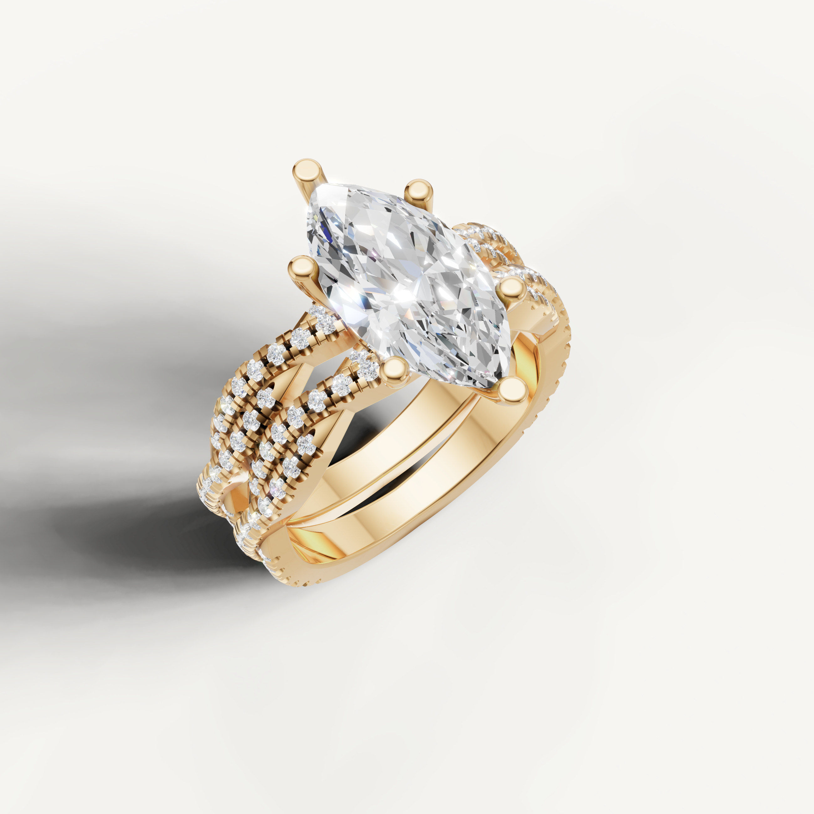 Elegant Marquise Diamond Bridal Ring Set with Triple Pavé Bands Yellow Gold