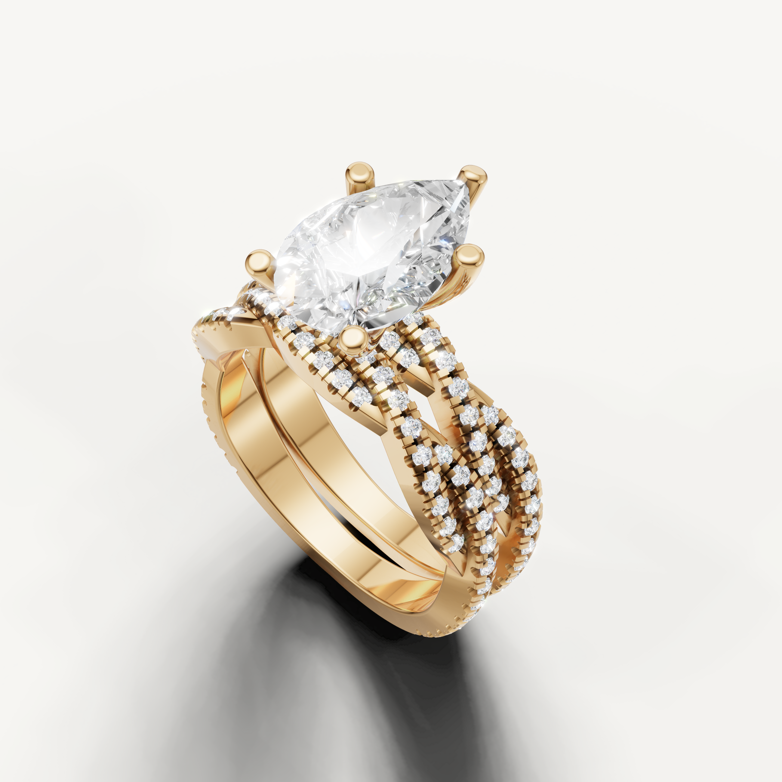 Luxury Pear Cut Lab Grown Diamond Bridal Set with Split Shank Yellow Gold