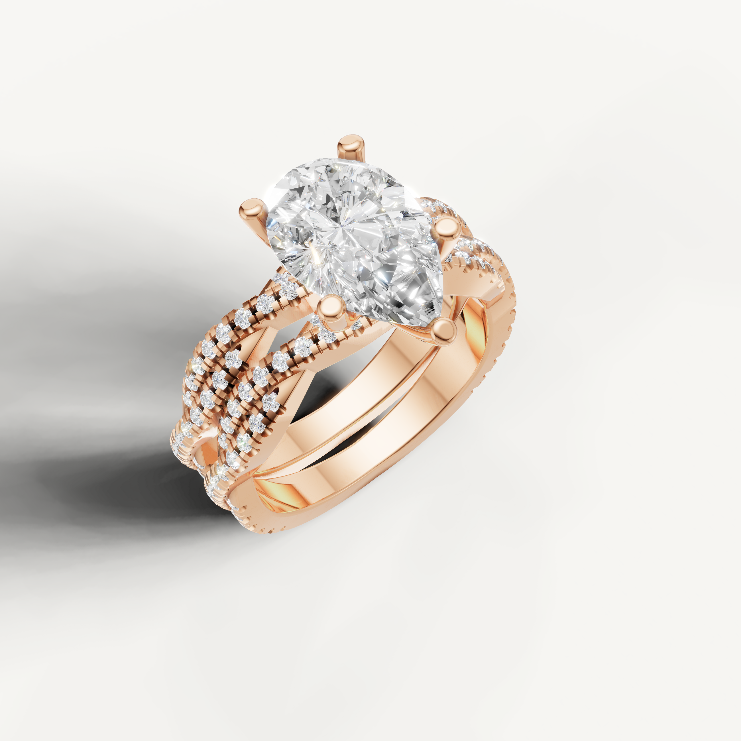 Romantic Pear Diamond Engagement Bridal Set with Triple Pavé Bands Rose Gold