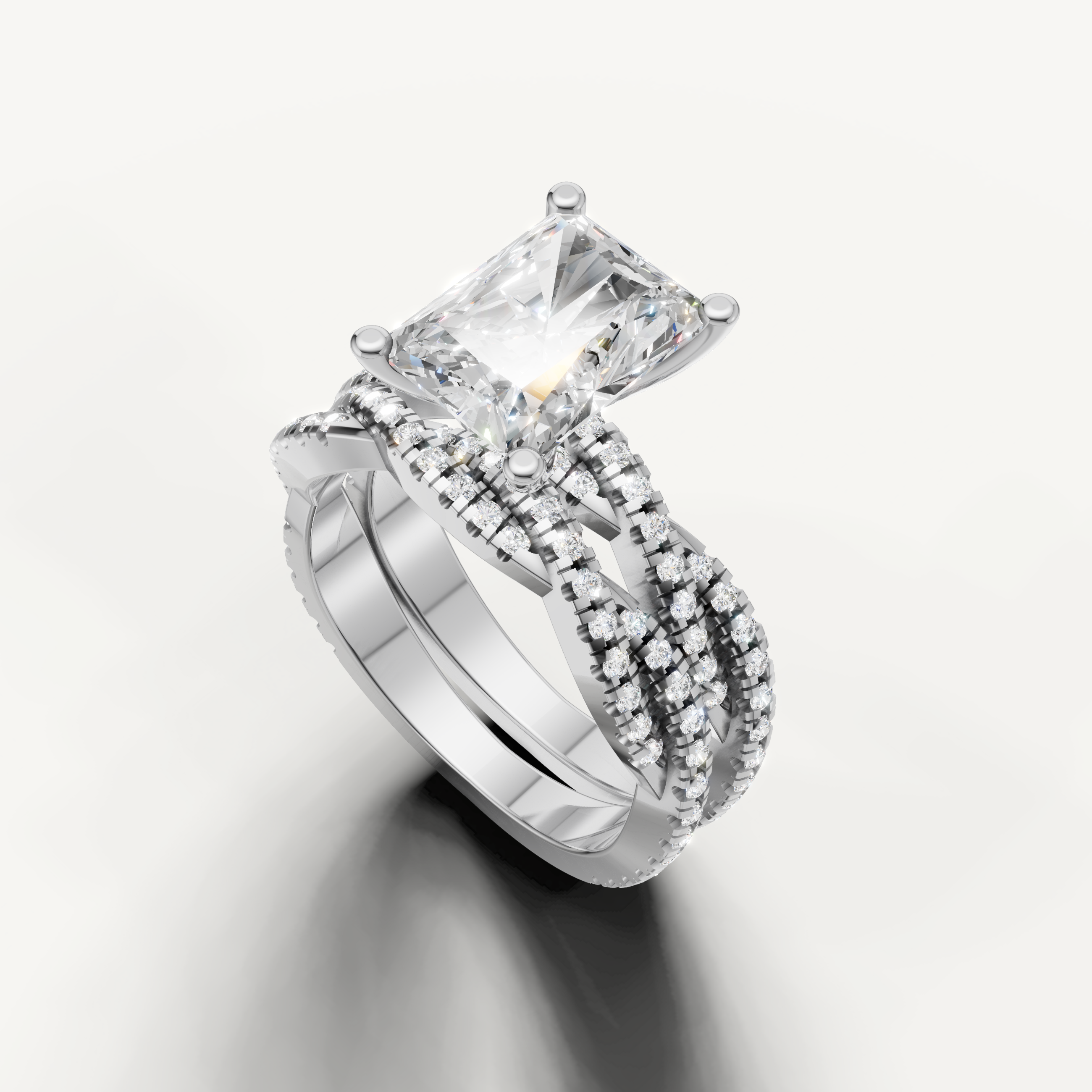 Modern Radiant Cut Lab Grown Diamond Bridal Set with Split Shank White Gold