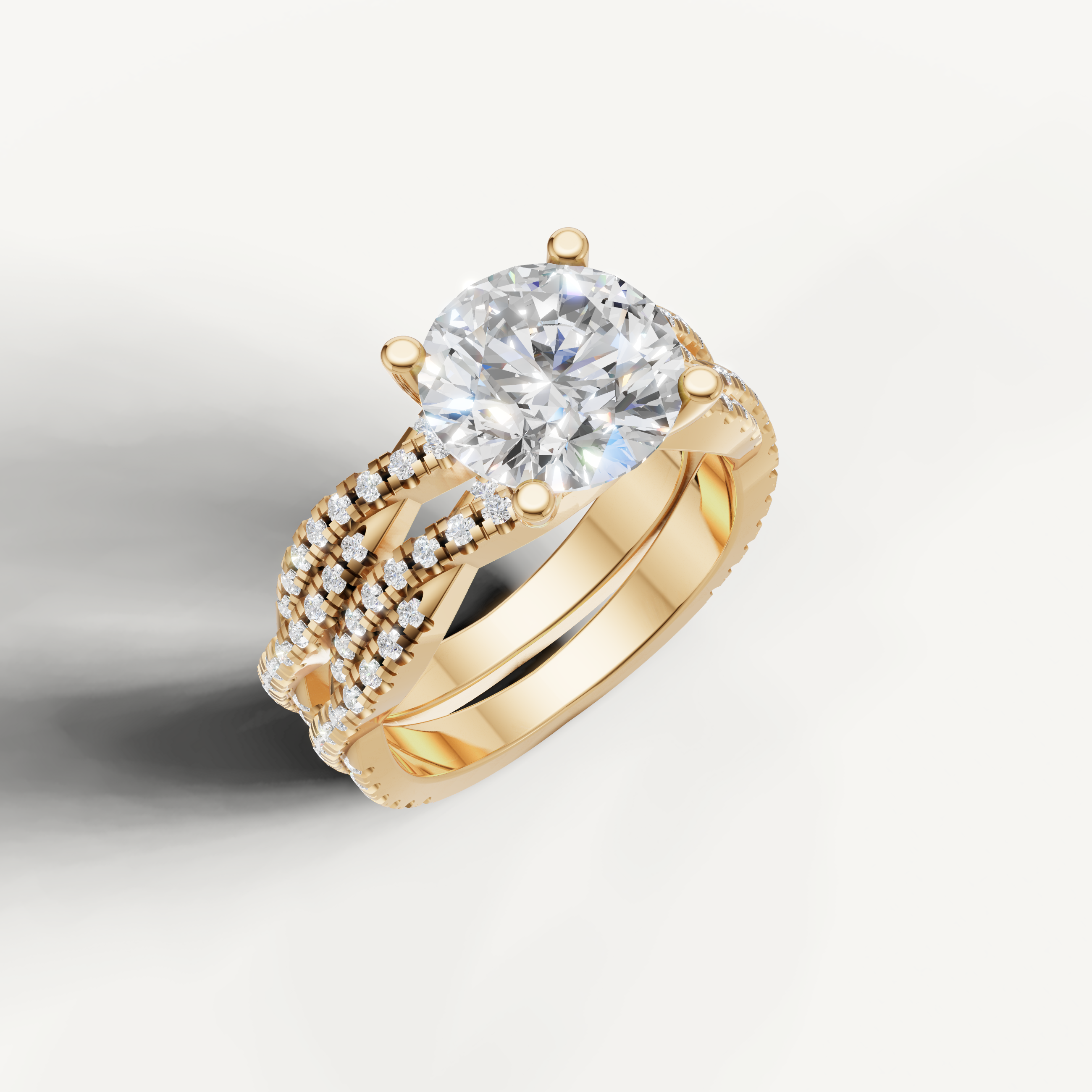 Elegant Round Diamond Bridal Ring Set with Triple Pavé Bands Yellow Gold