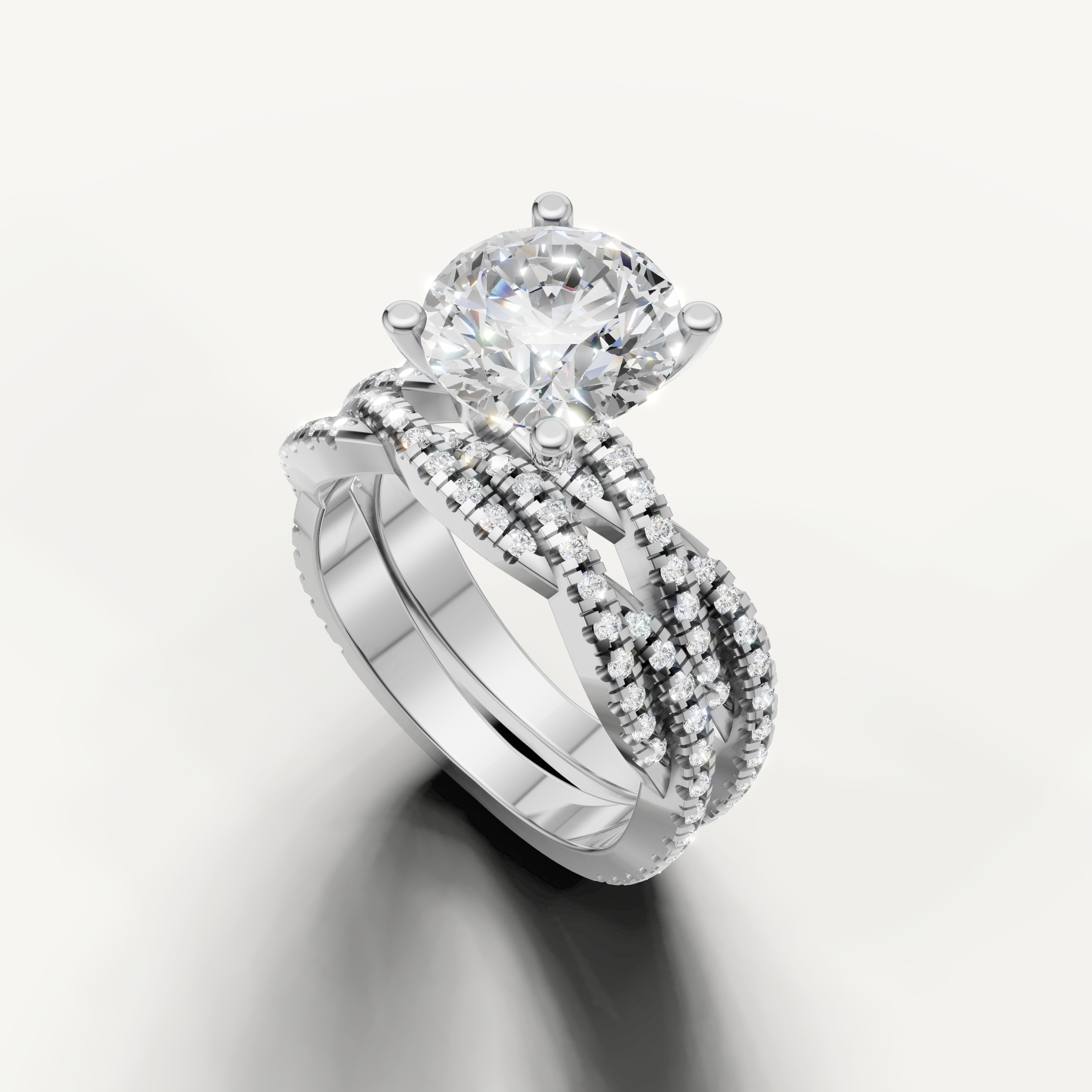 Modern Round Cut Lab Grown Diamond Bridal Set with Split Shank White Gold