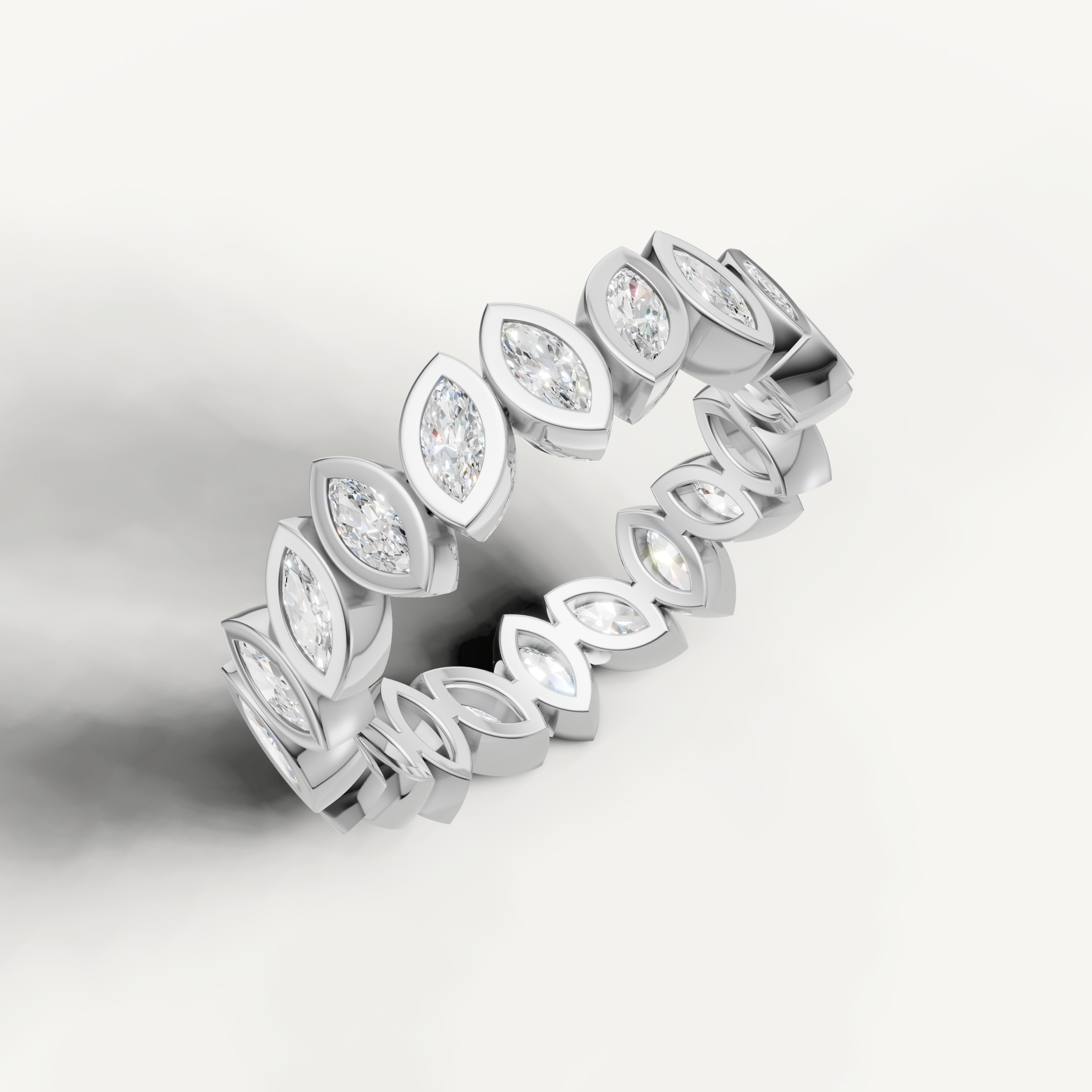 modern marquise diamond wedding band with full eternity silhouette and polished white gold
