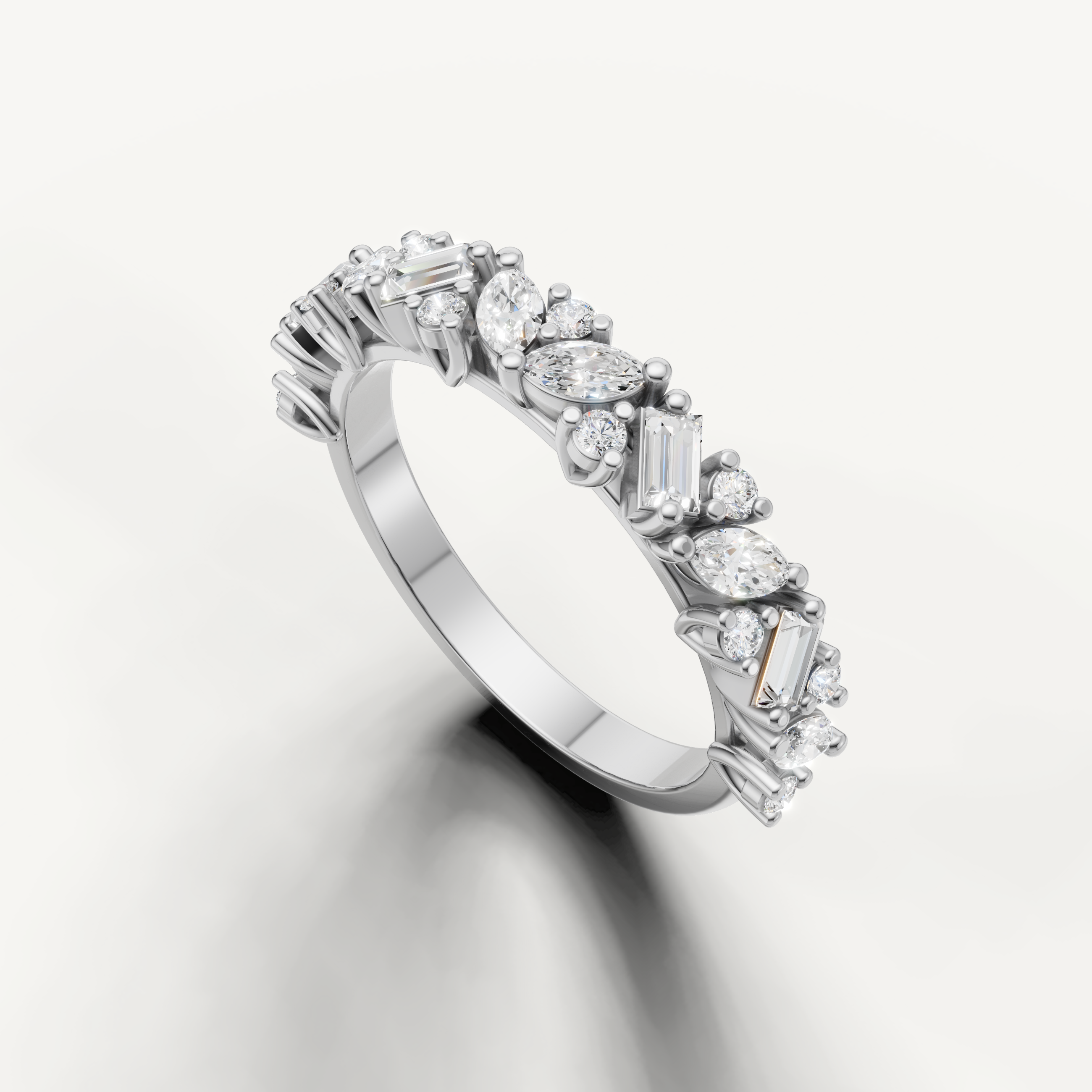 Modern white gold eternity wedding band by Raul Diamonds with unique mixed diamond pattern