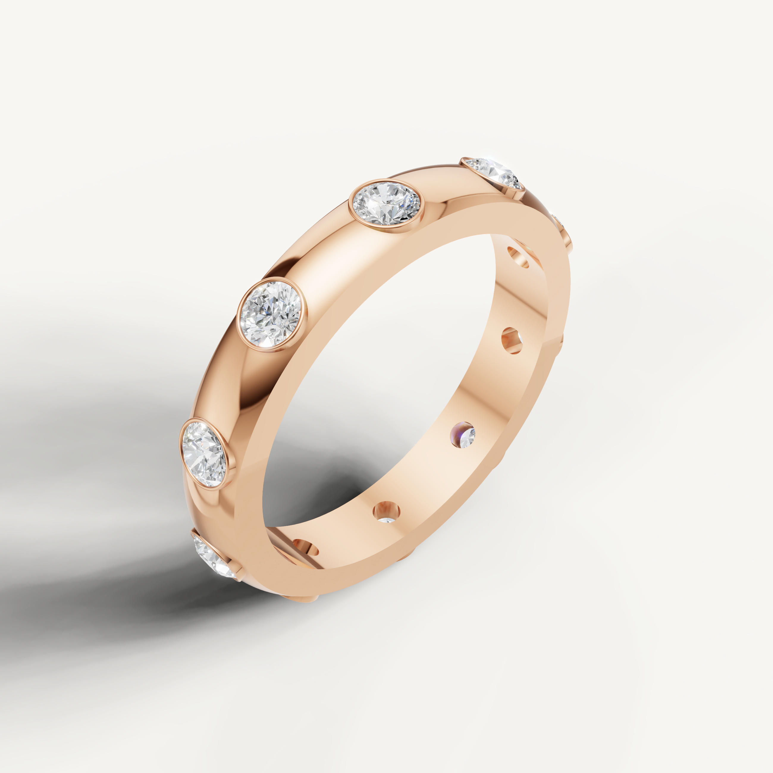 elegant flush set diamond wedding band with romantic rose gold finish
