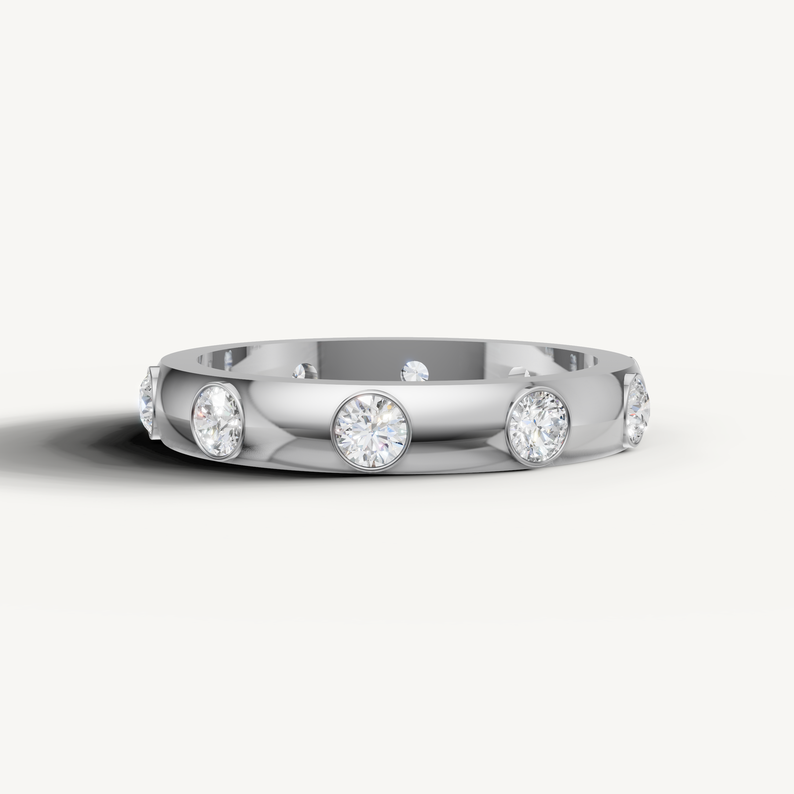 bezel set round lab grown diamond eternity band in 14k white gold