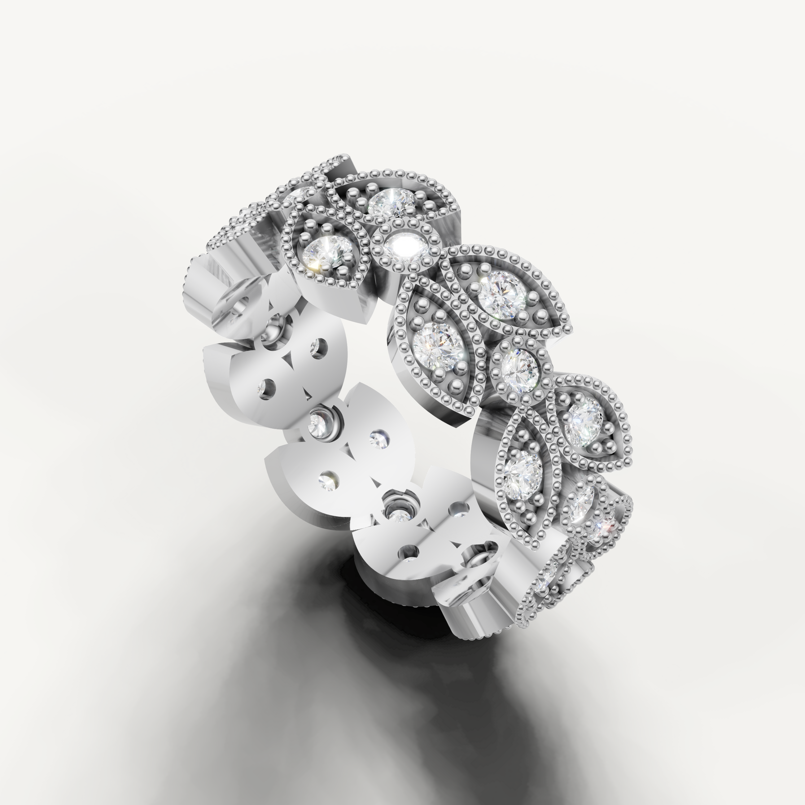 full eternity wedding band with round brilliant diamond leaf motifs
