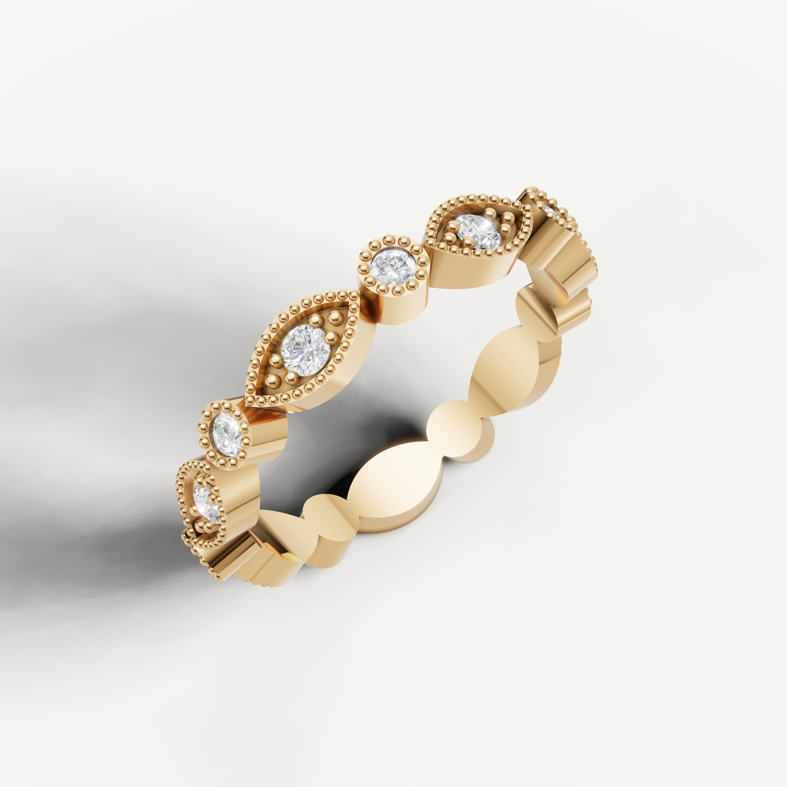 marquise motif diamond wedding ring with intricate milgrain texture