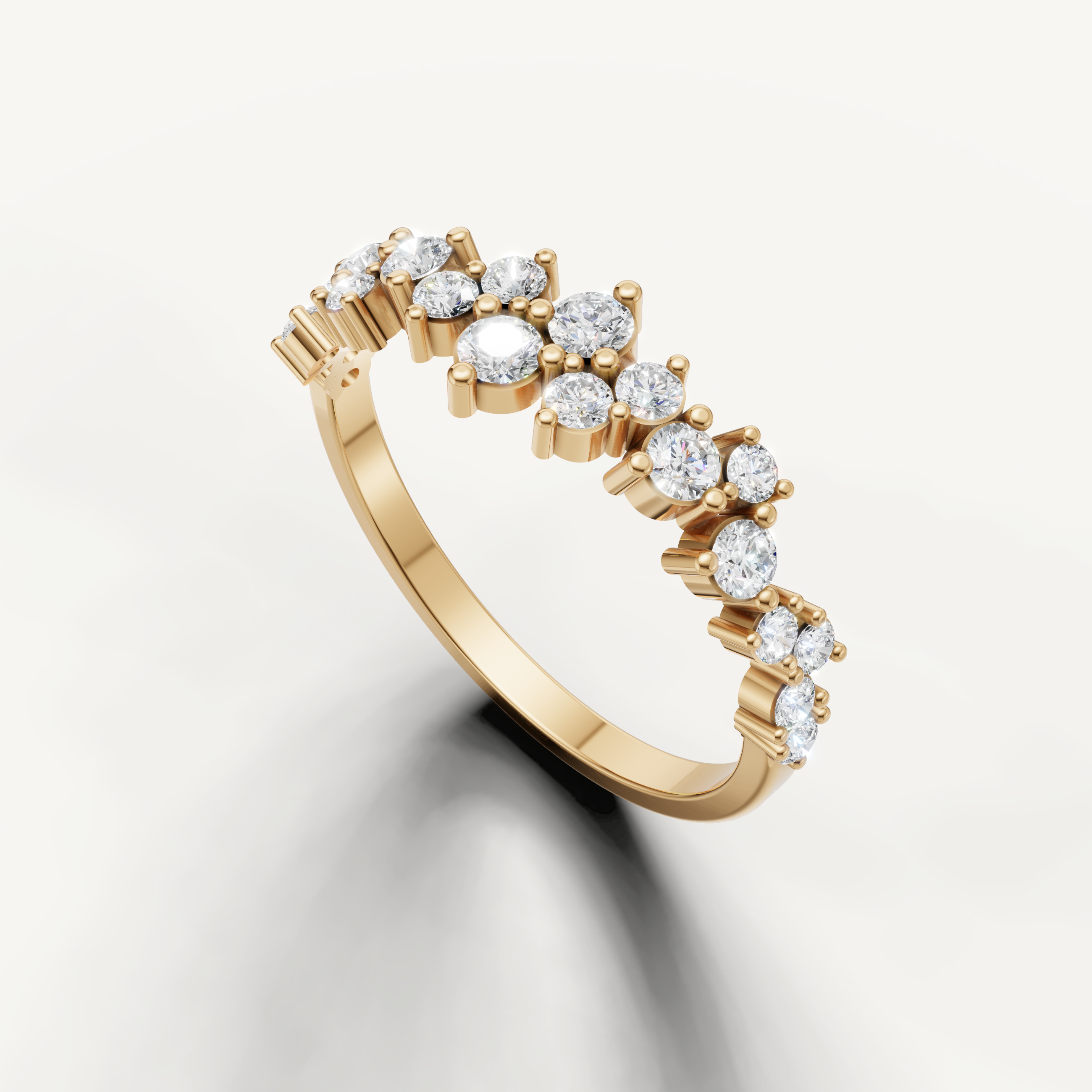 Luxury yellow gold wedding band with multi stone round diamond arrangement for women