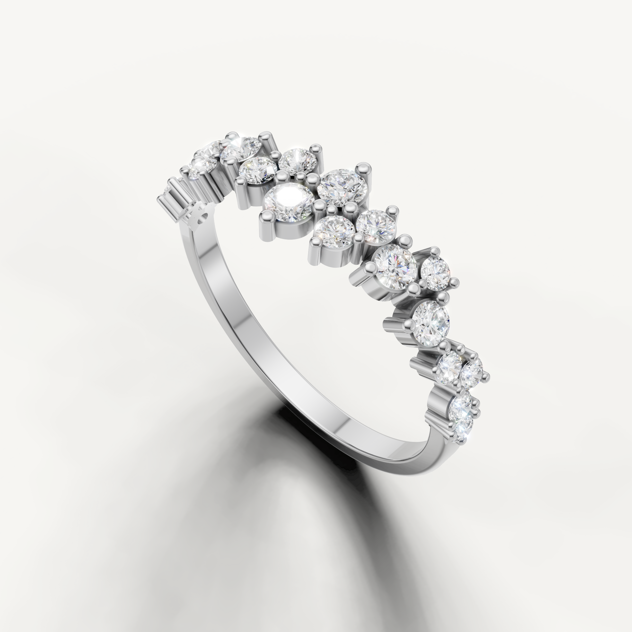 Modern white gold anniversary wedding band by Raul Diamonds with sparkling multi stone design