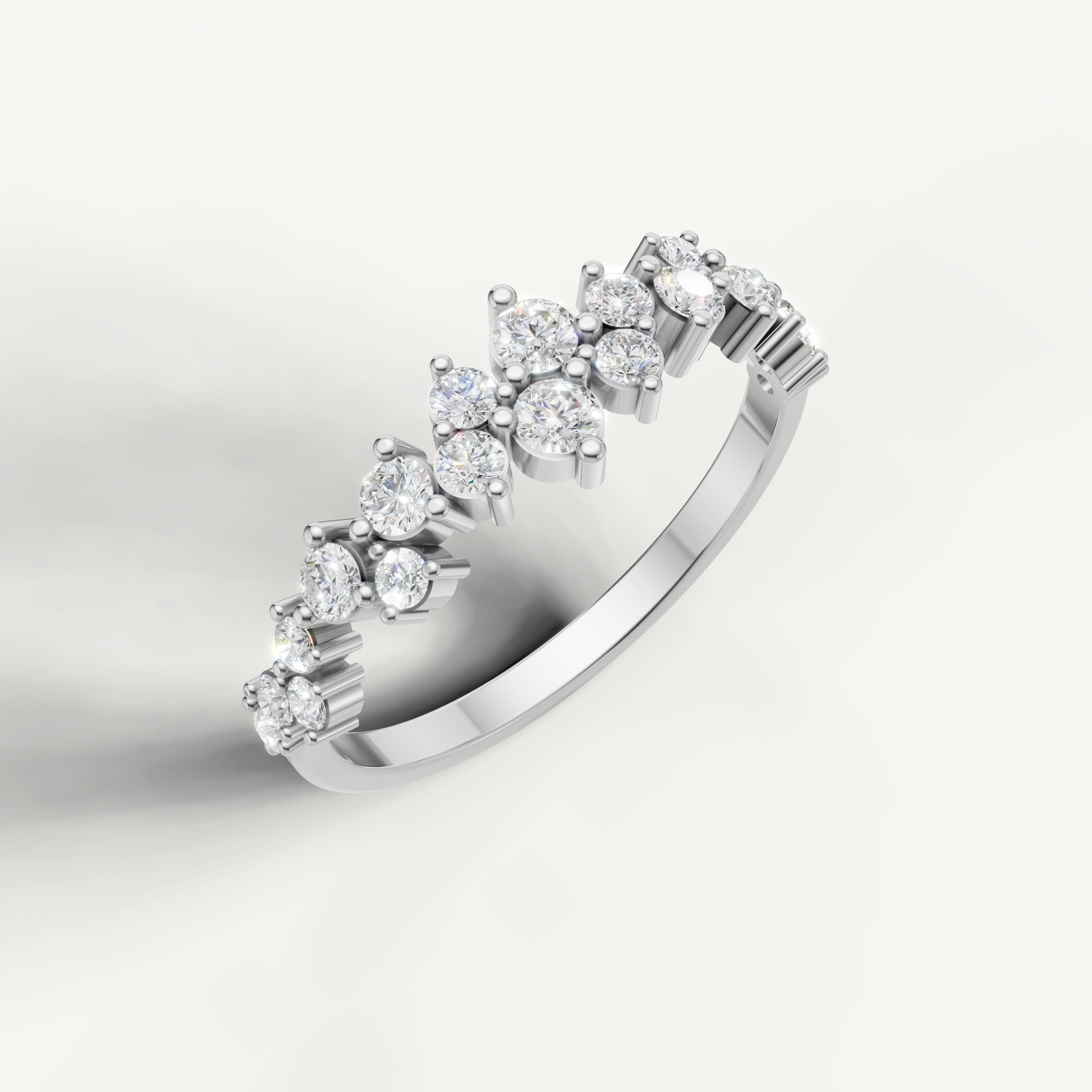 Elegant white gold diamond wedding band with clustered round cut diamond arrangement
