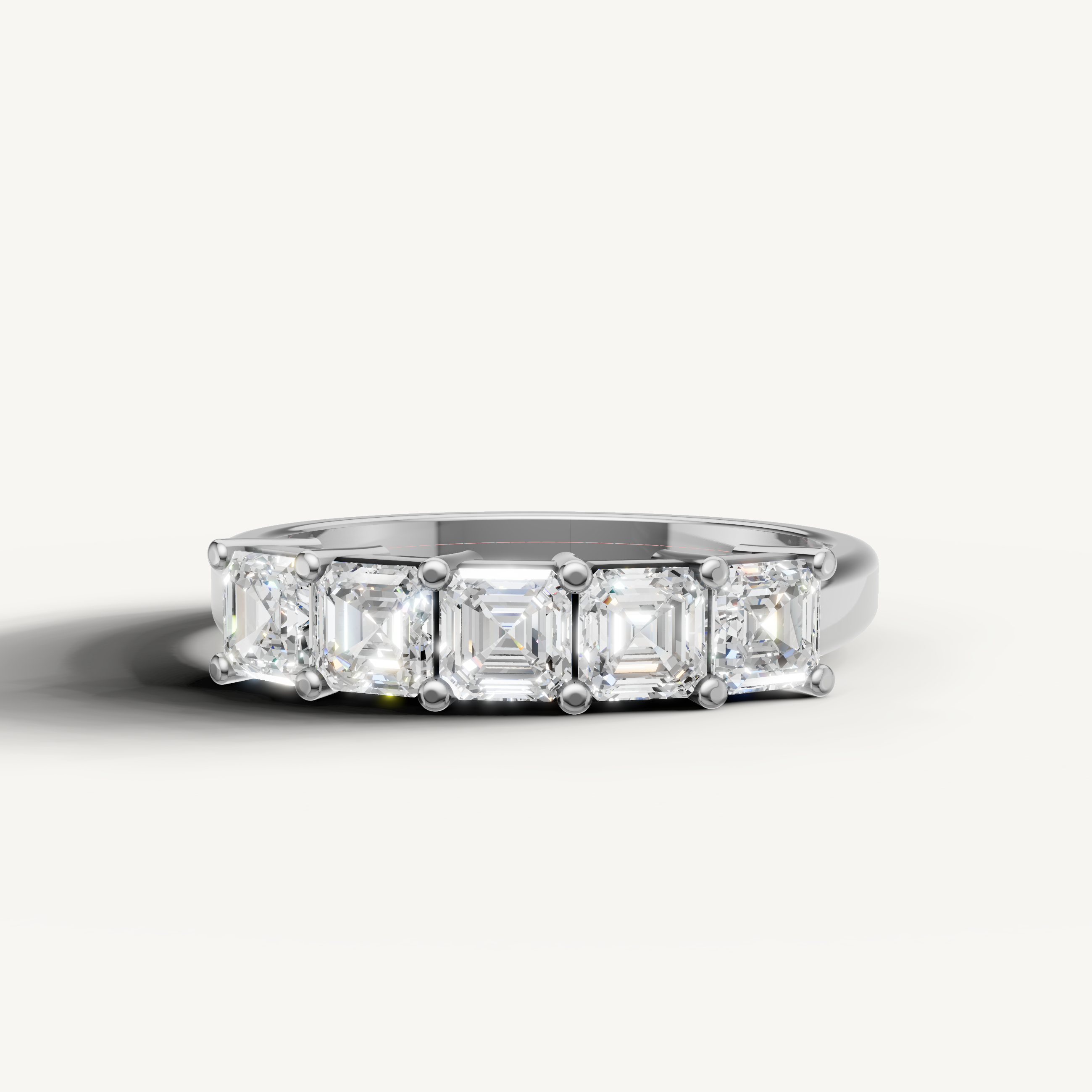 Raul Diamonds white gold wedding band with Asscher cut lab grown diamonds in a classic five stone setting