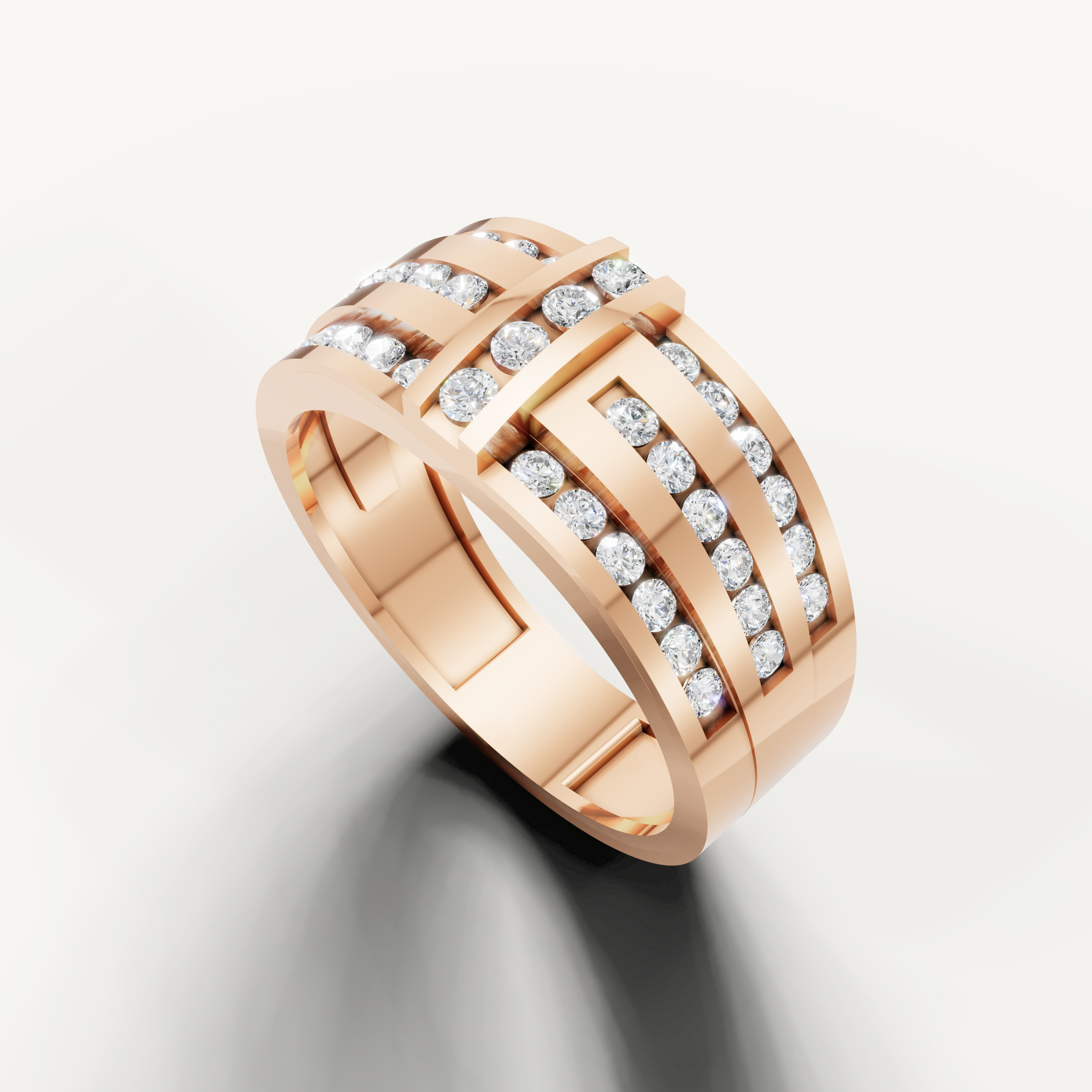 Modern rose gold men’s wedding ring with sparkling round diamonds from Raul Diamonds