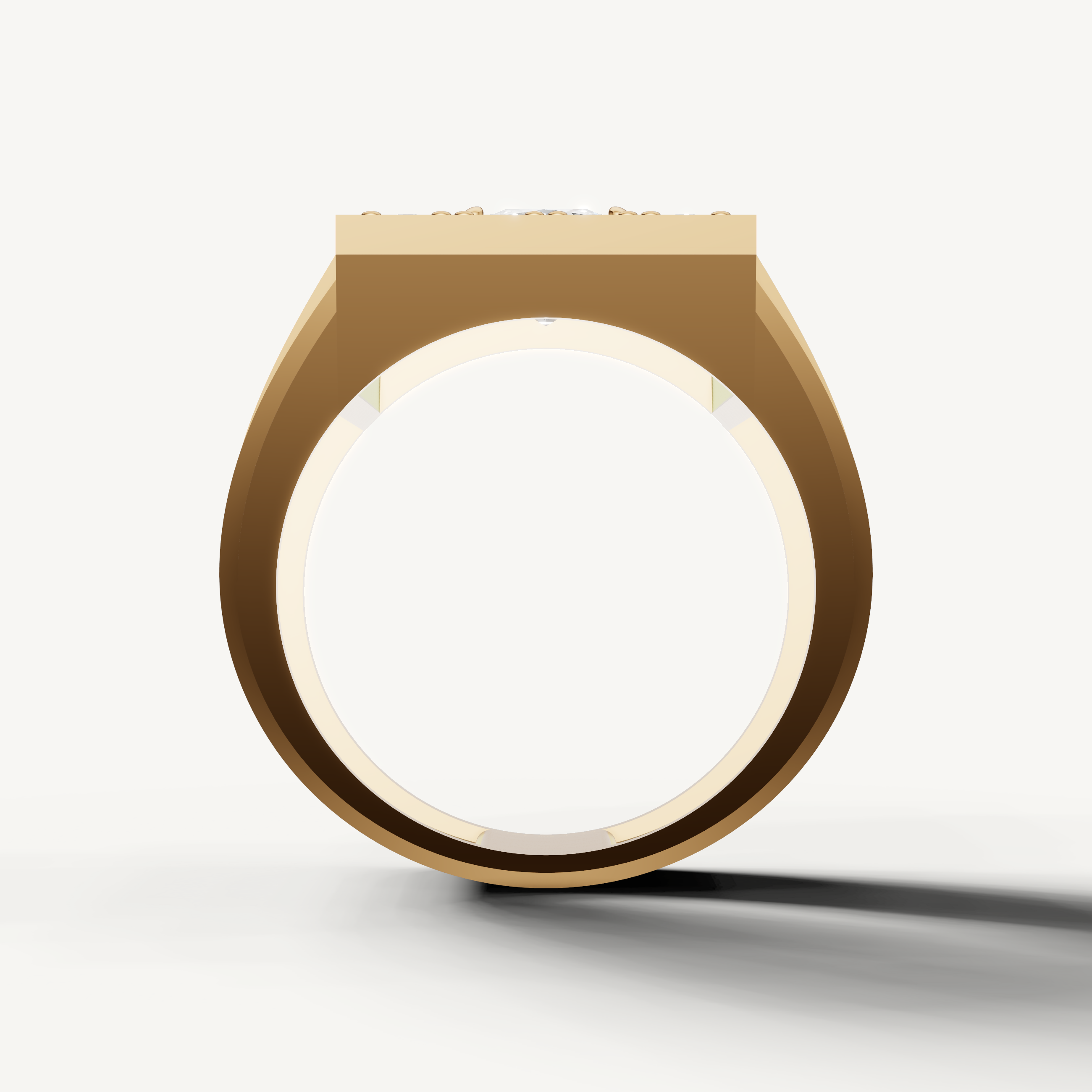 Elegant yellow gold statement wedding ring with geometric diamond setting from Raul Diamonds