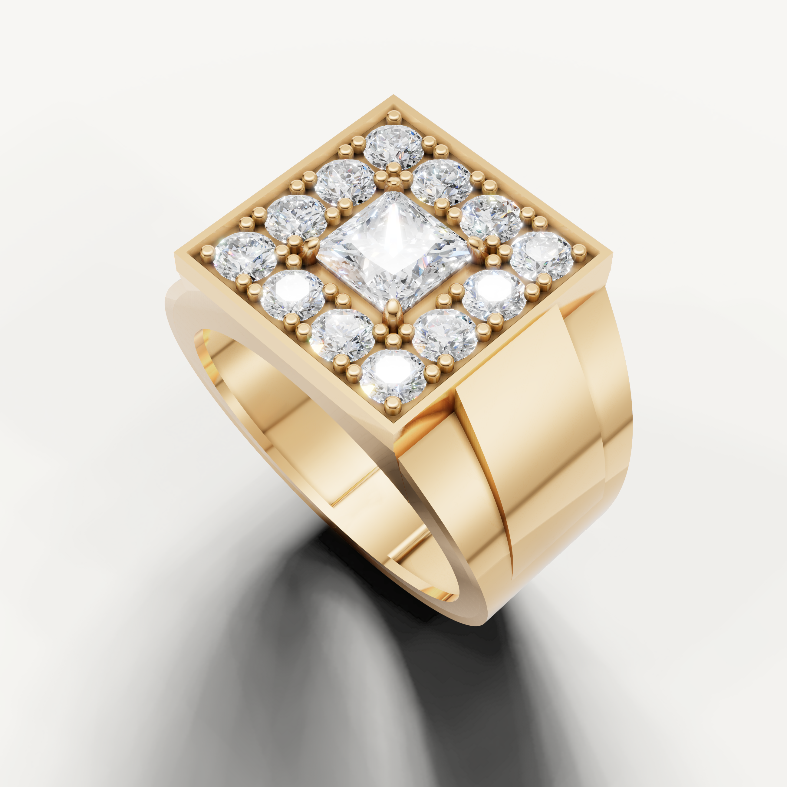 Modern yellow gold diamond wedding band featuring princess and round brilliant diamonds