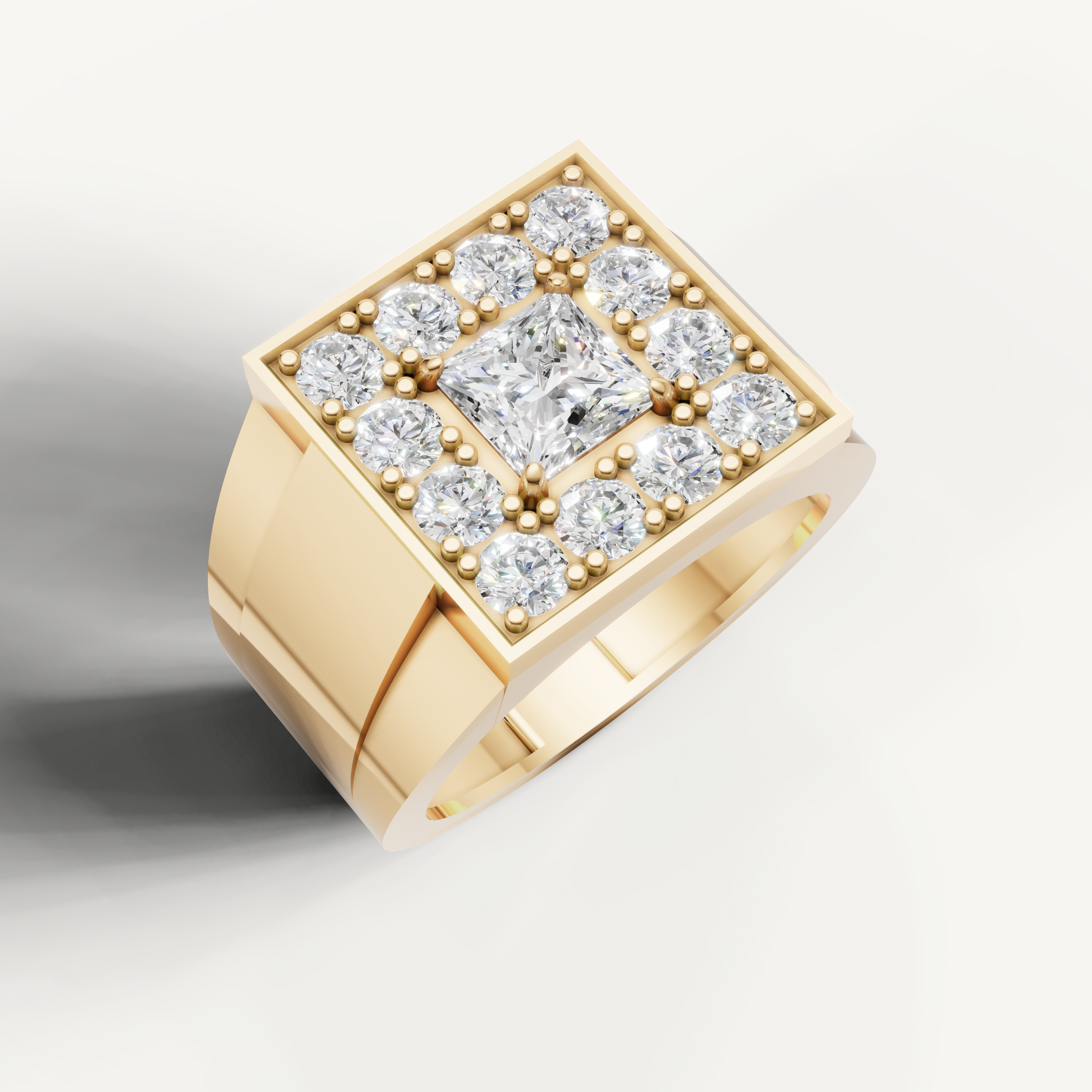 Luxury yellow gold men’s diamond ring with square halo design by Raul Diamonds