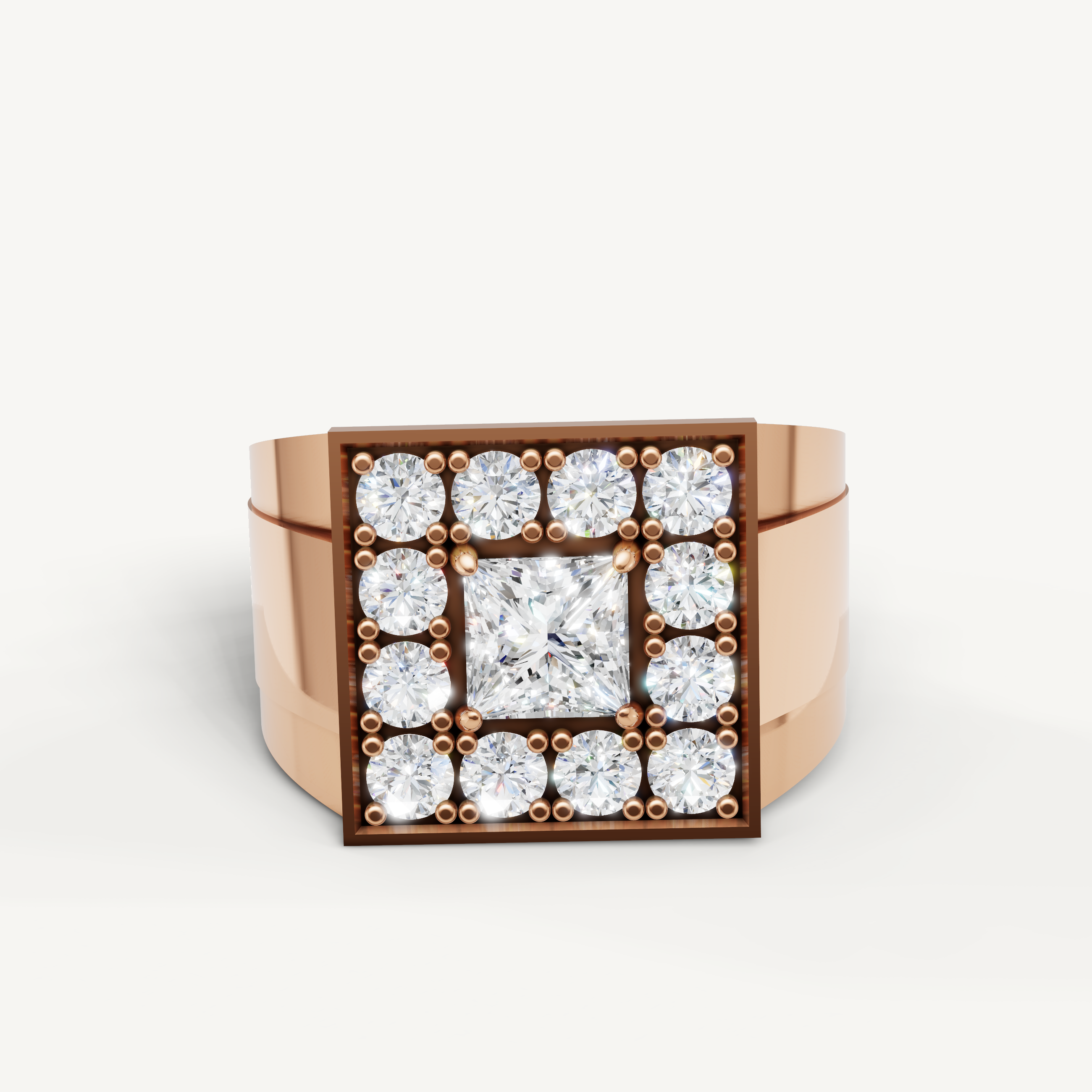 Raul Diamonds rose gold square diamond wedding band with princess cut center diamond