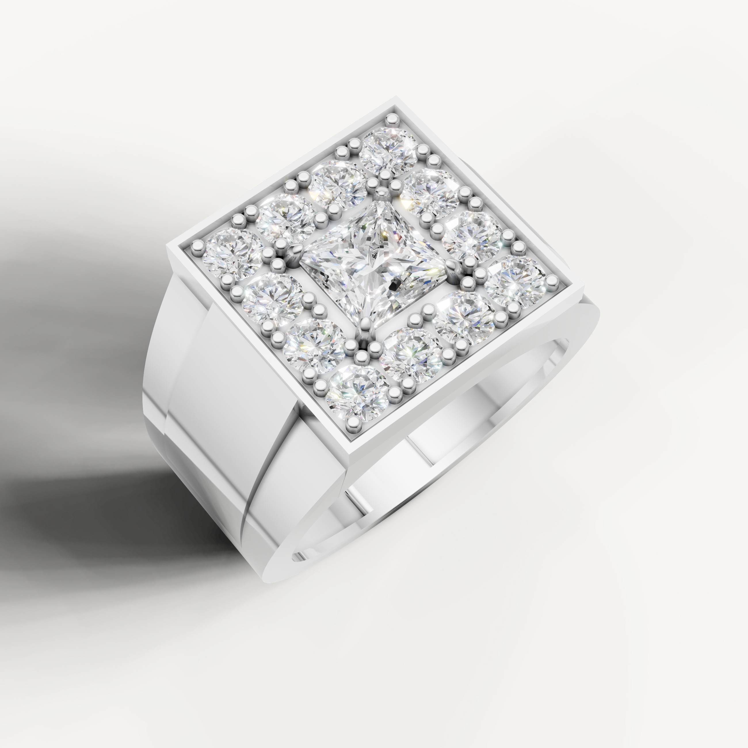 Luxury white gold men’s diamond wedding ring with halo setting by Raul Diamonds