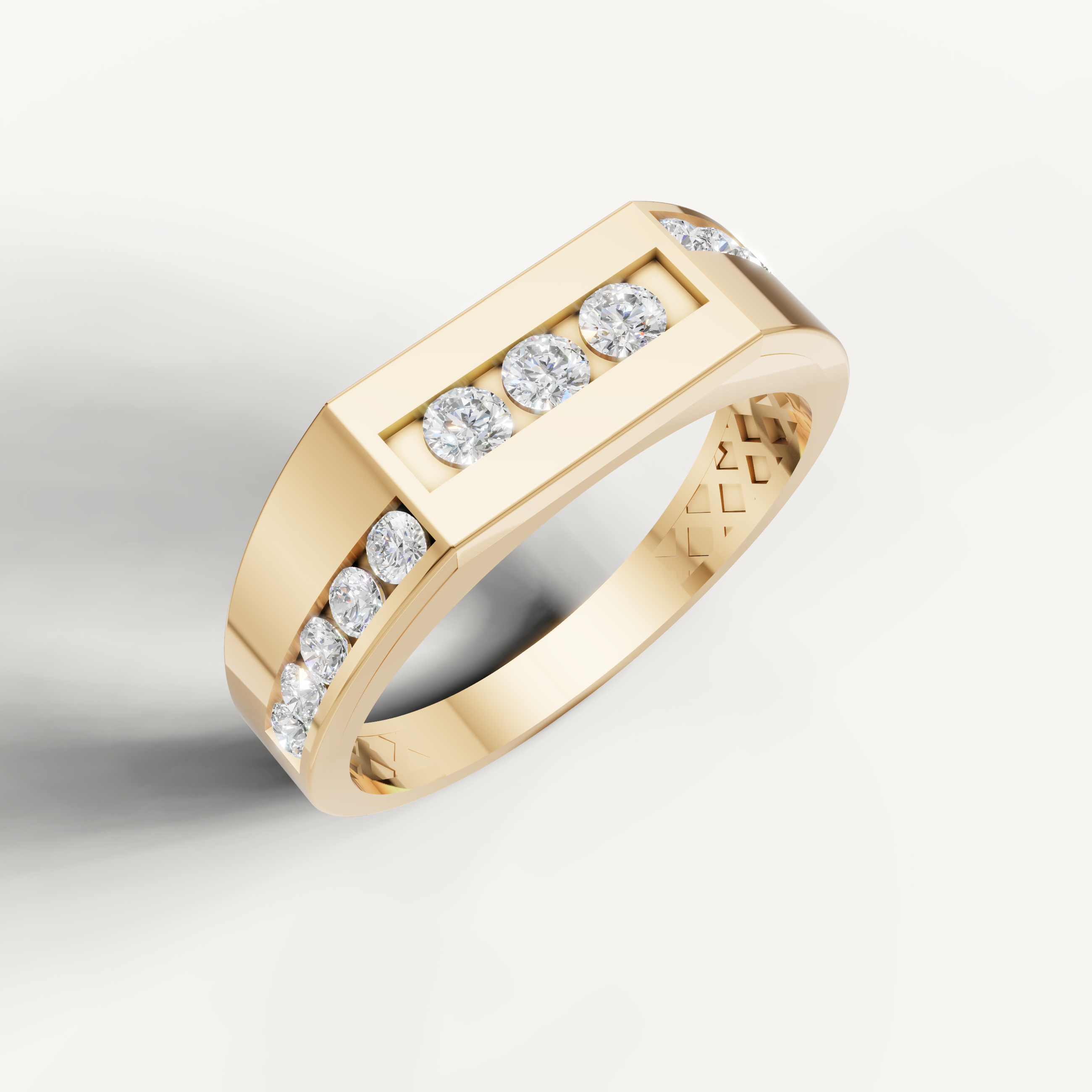 Luxury yellow gold diamond wedding ring with channel set round brilliant diamonds by Raul Diamonds