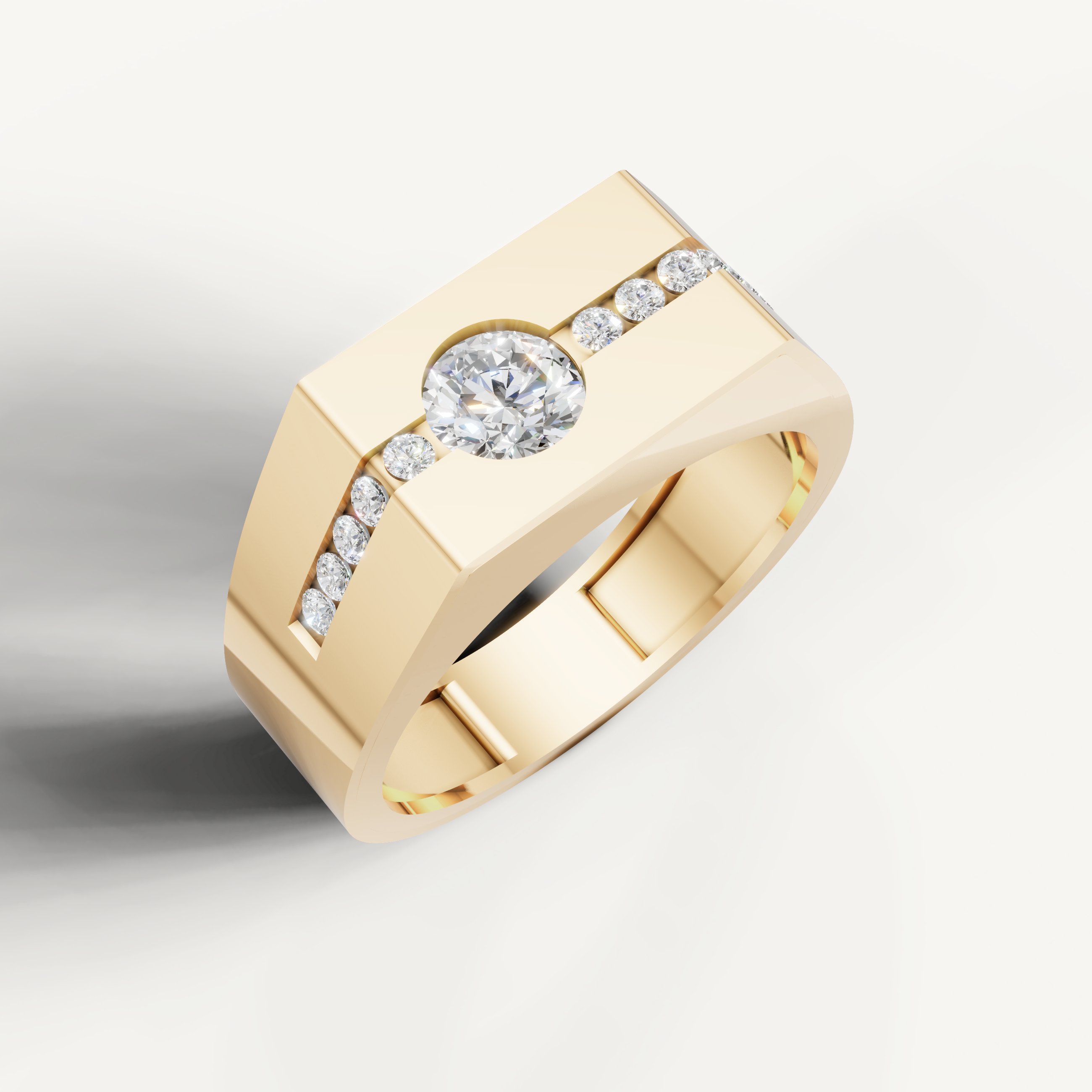 Luxury yellow gold diamond wedding band for men by Raul Diamonds featuring a bold round solitaire and pavé diamond accents