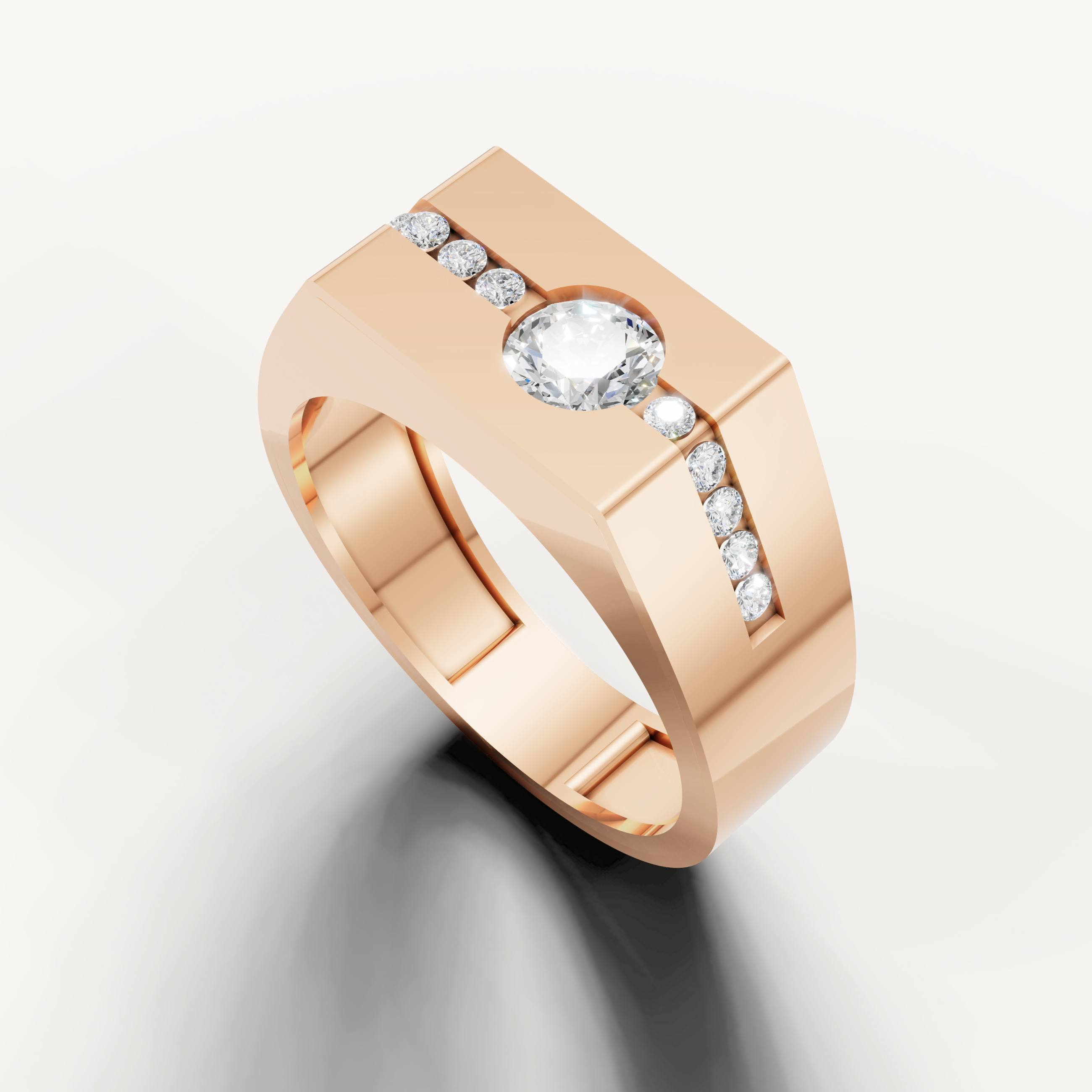 Rose gold men’s diamond wedding band from Raul Diamonds featuring bold center stone and contemporary side detailing