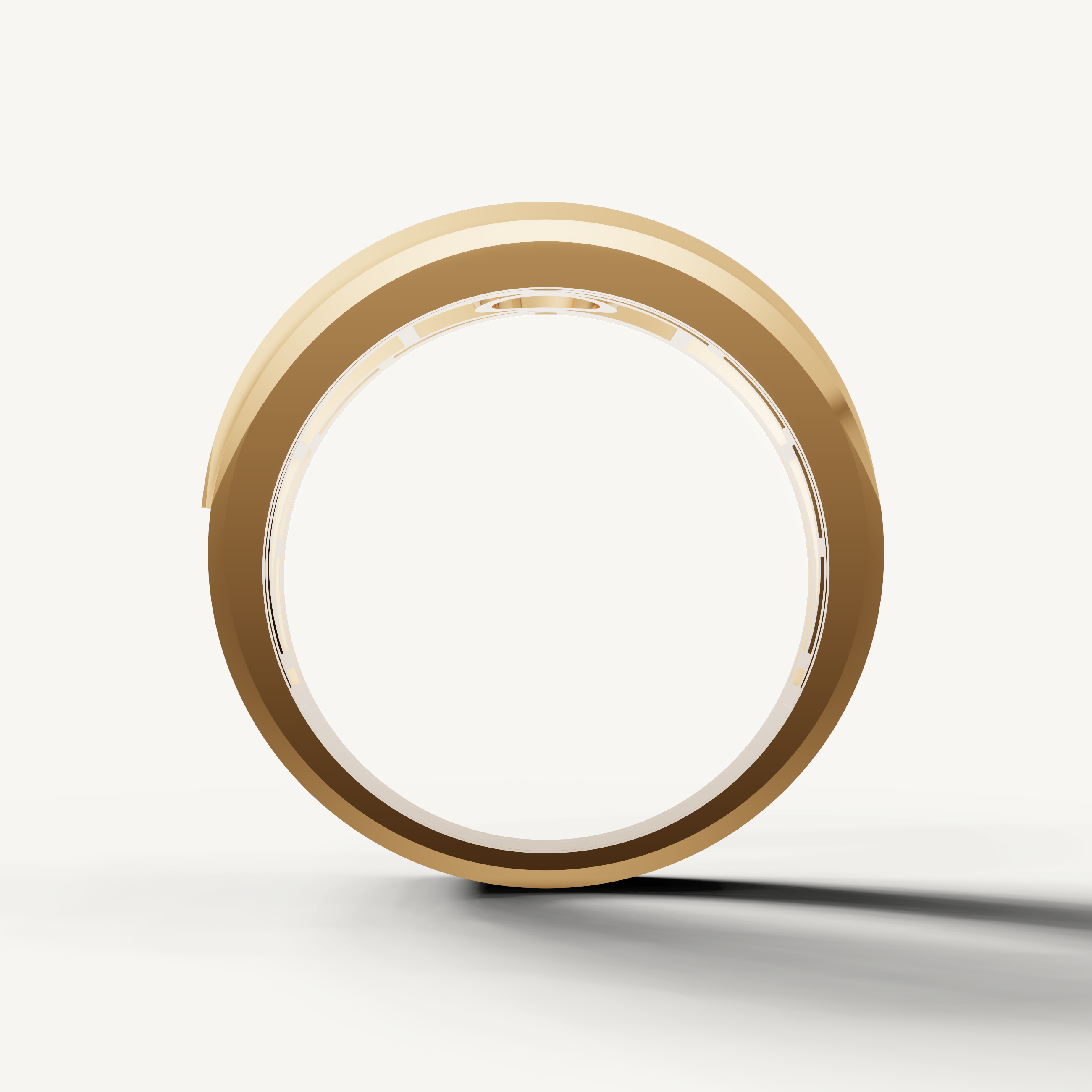 Premium yellow gold wedding band for men with channel set round diamonds and polished finish from Raul Diamonds