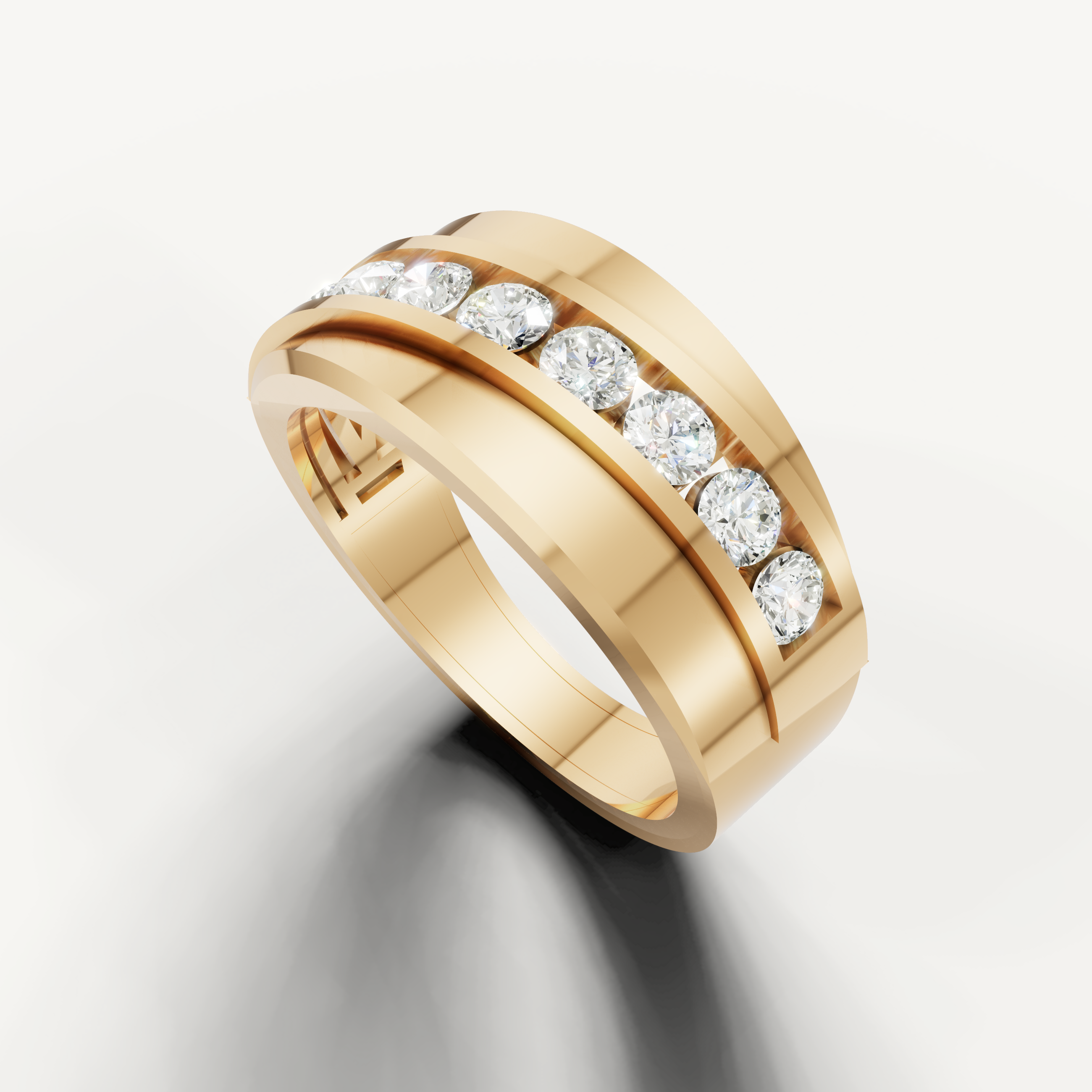 Contemporary yellow gold men’s diamond wedding band with bold geometric styling and sparkling diamonds by Raul Diamonds