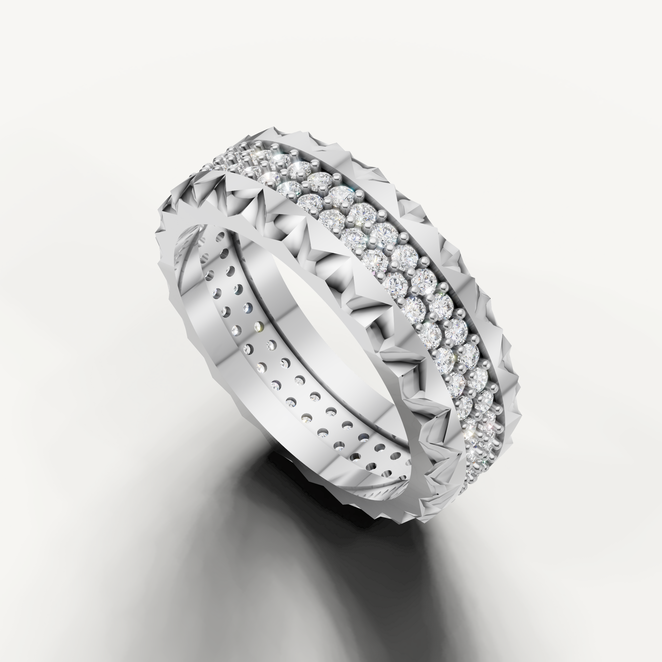 Contemporary white gold diamond anniversary band with textured edges from Raul Diamonds