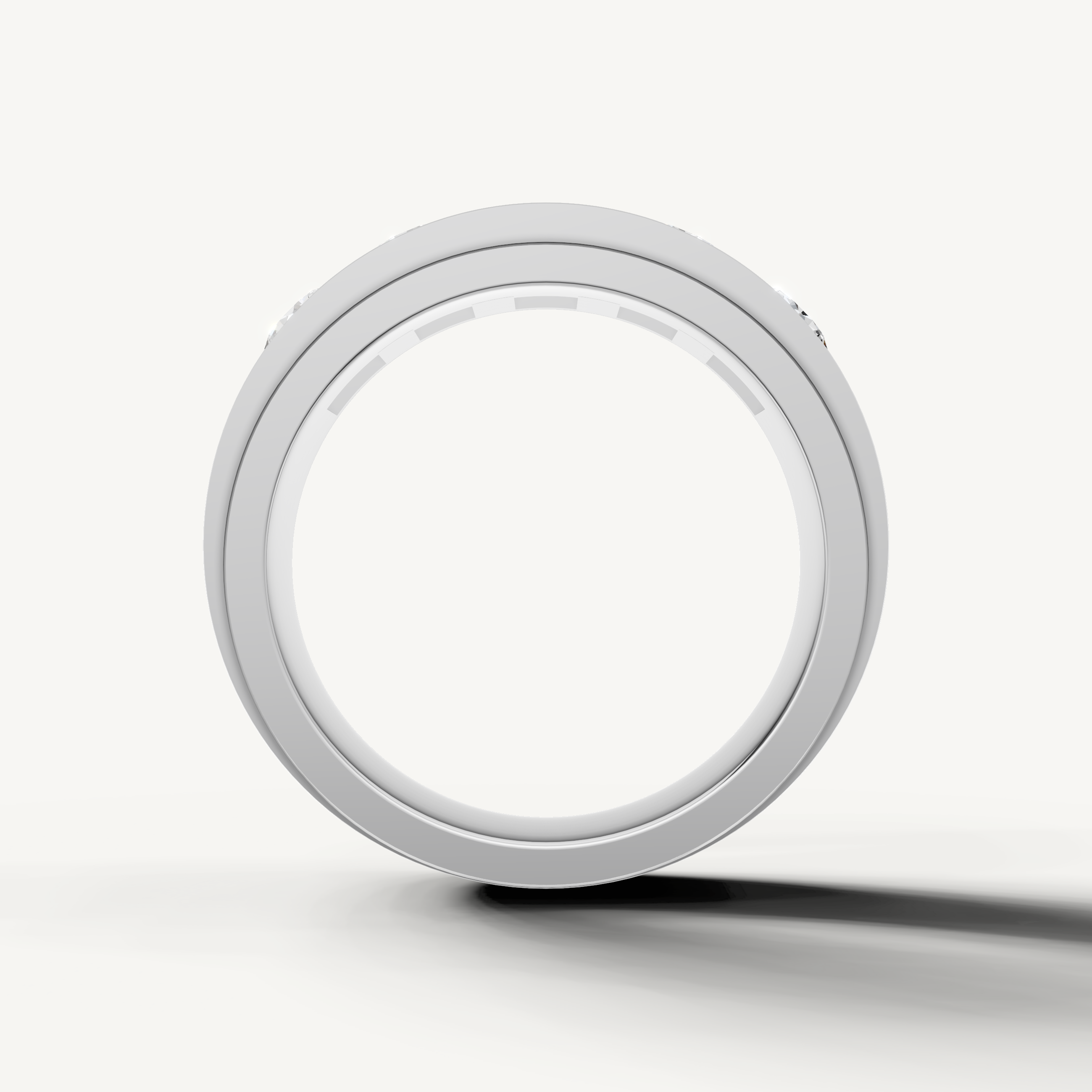 Luxury white gold polished wedding band with five diamonds by Raul Diamonds