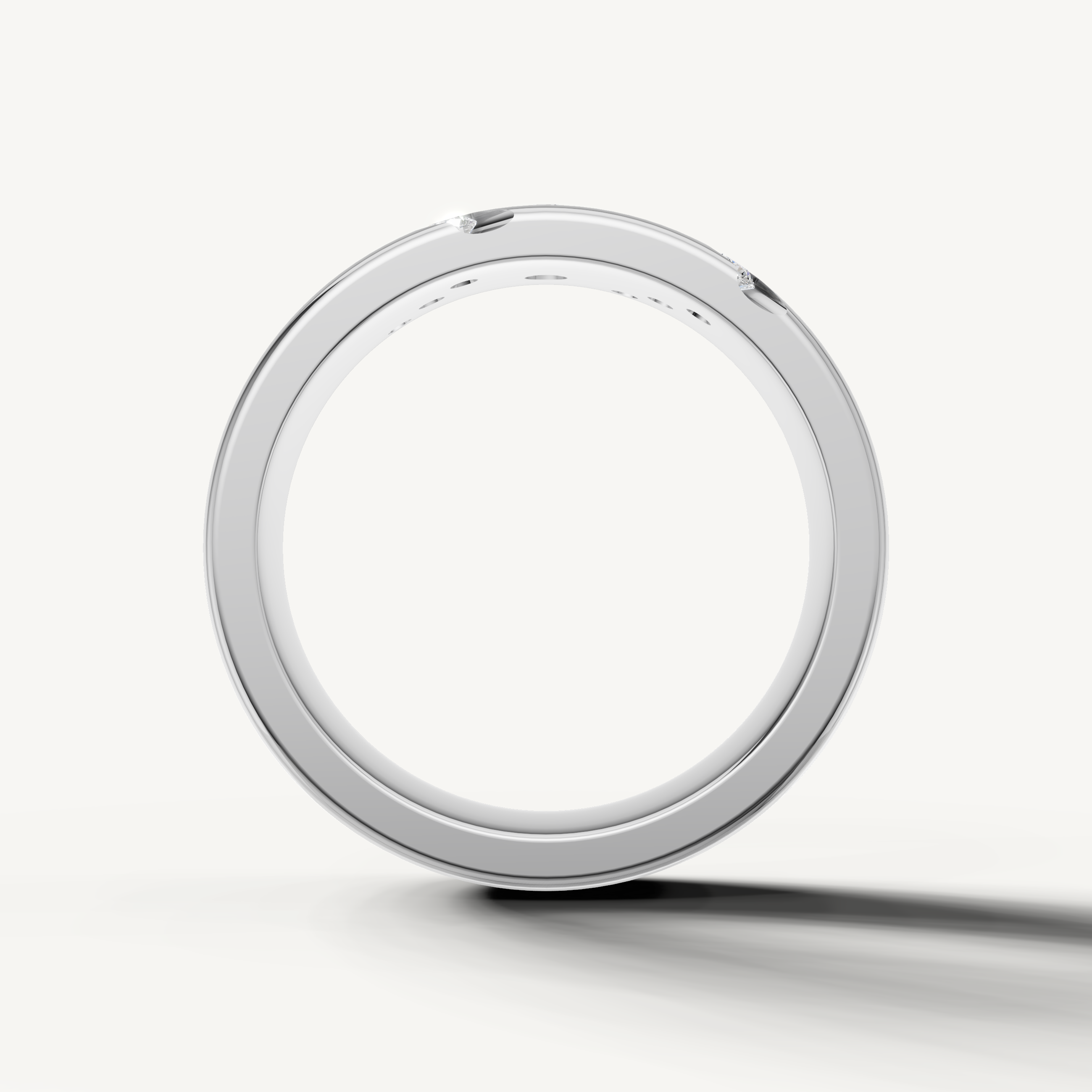 Contemporary white gold wide wedding band with diagonal diamond accents by Raul Diamonds