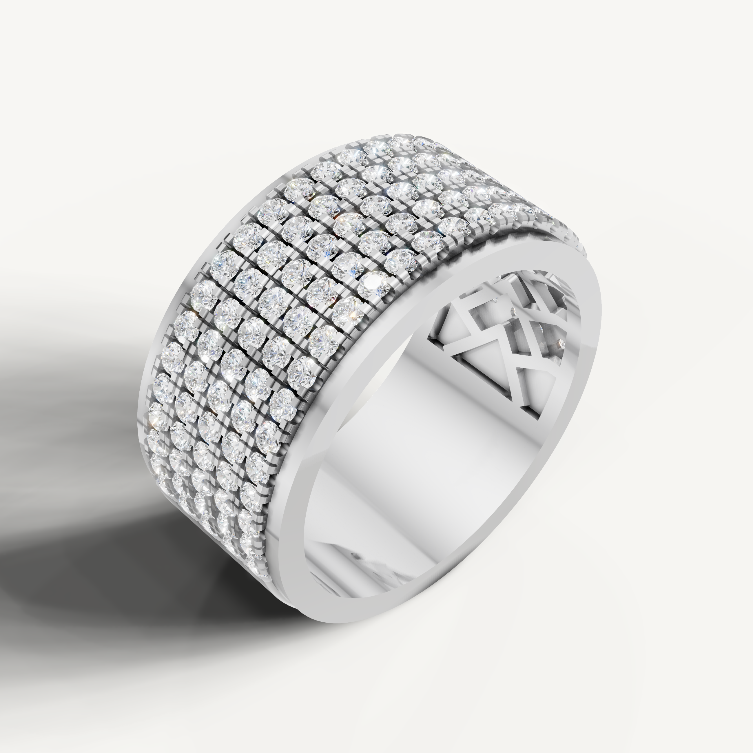 Elegant white gold wide wedding ring by Raul Diamonds with sparkling round diamonds