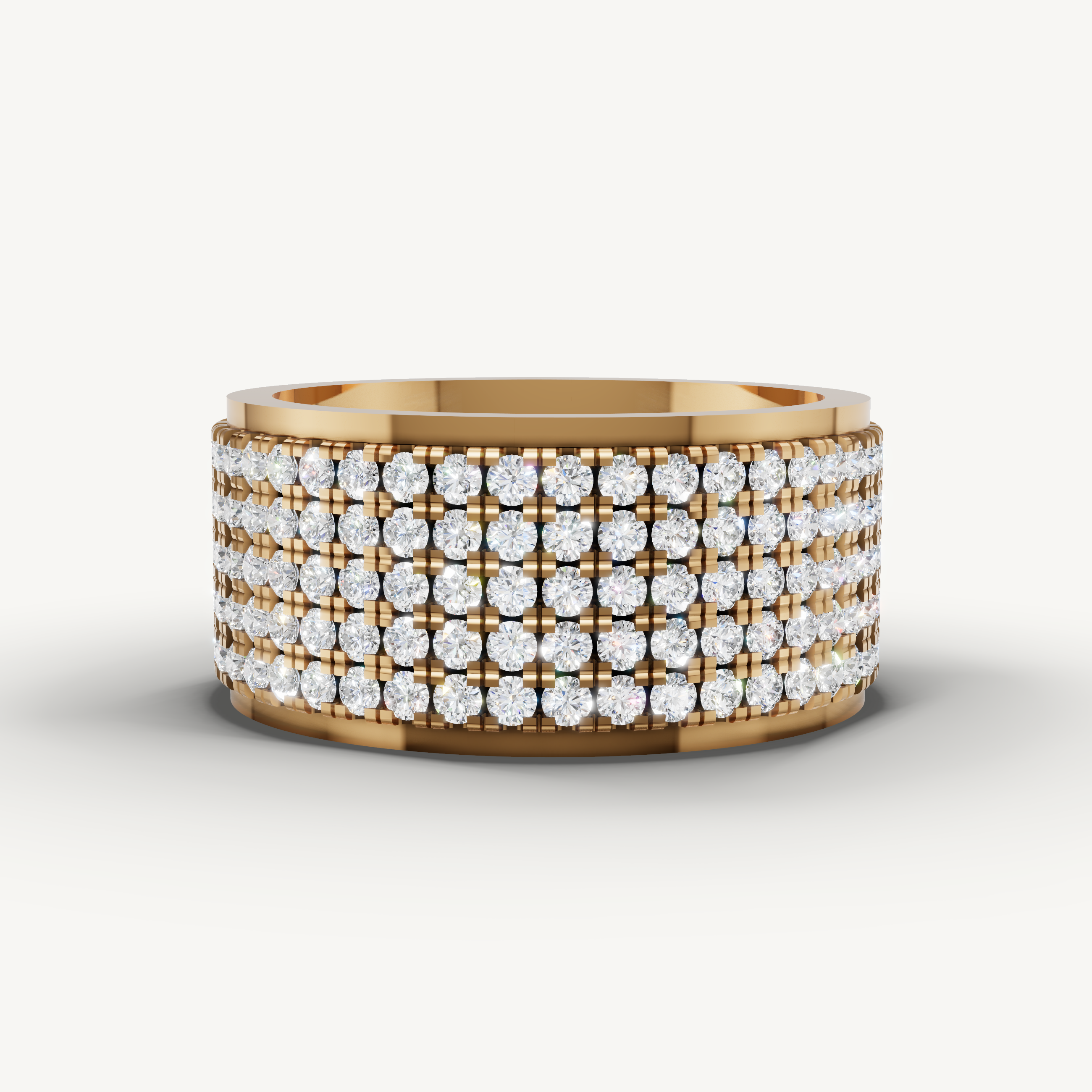 Yellow gold pavé diamond wedding band with multi row lab grown diamonds and bold luxury styling by Raul Diamonds
