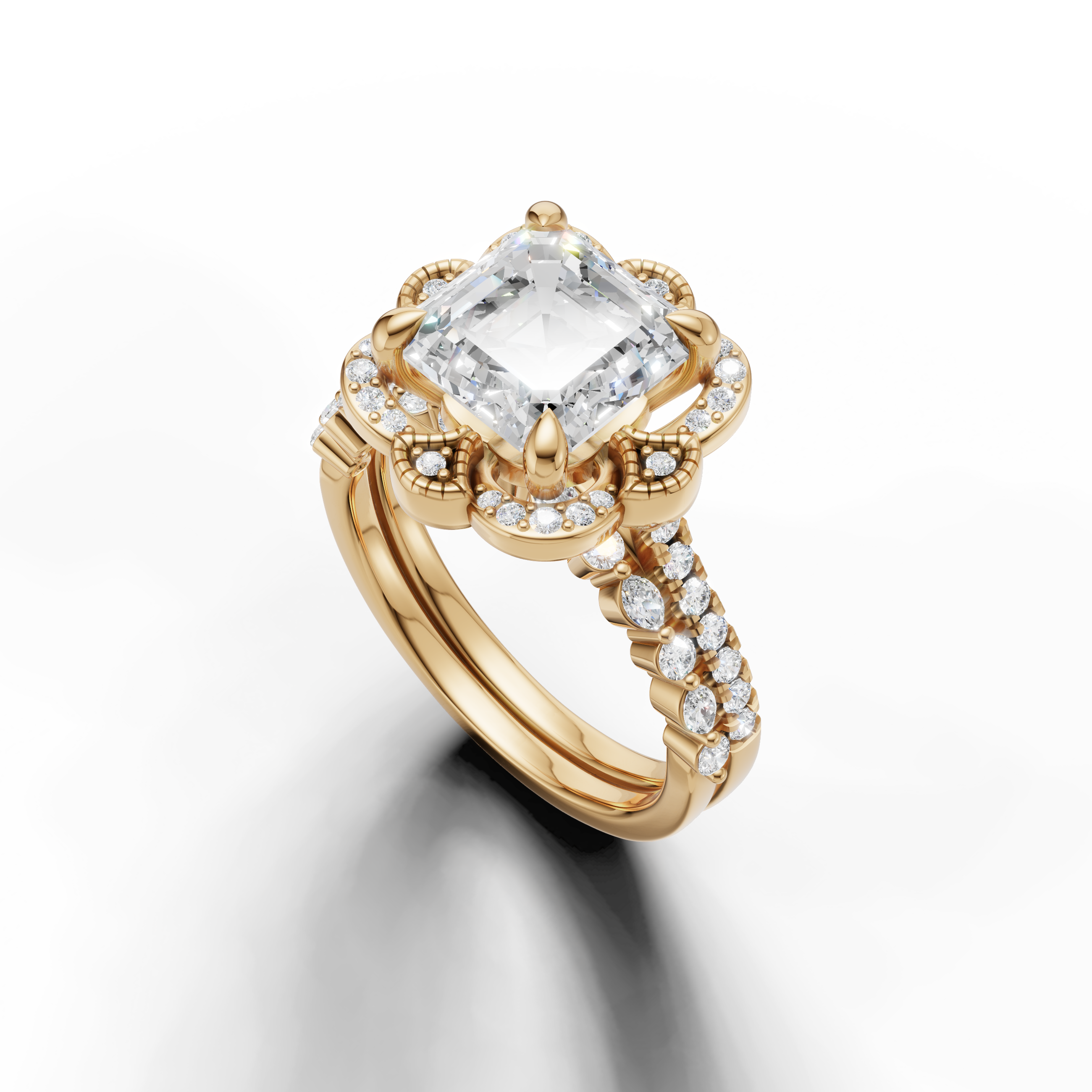 Luxury Asscher Cut Lab Grown Diamond Bridal Set with Pavé Floral Design Yellow Gold