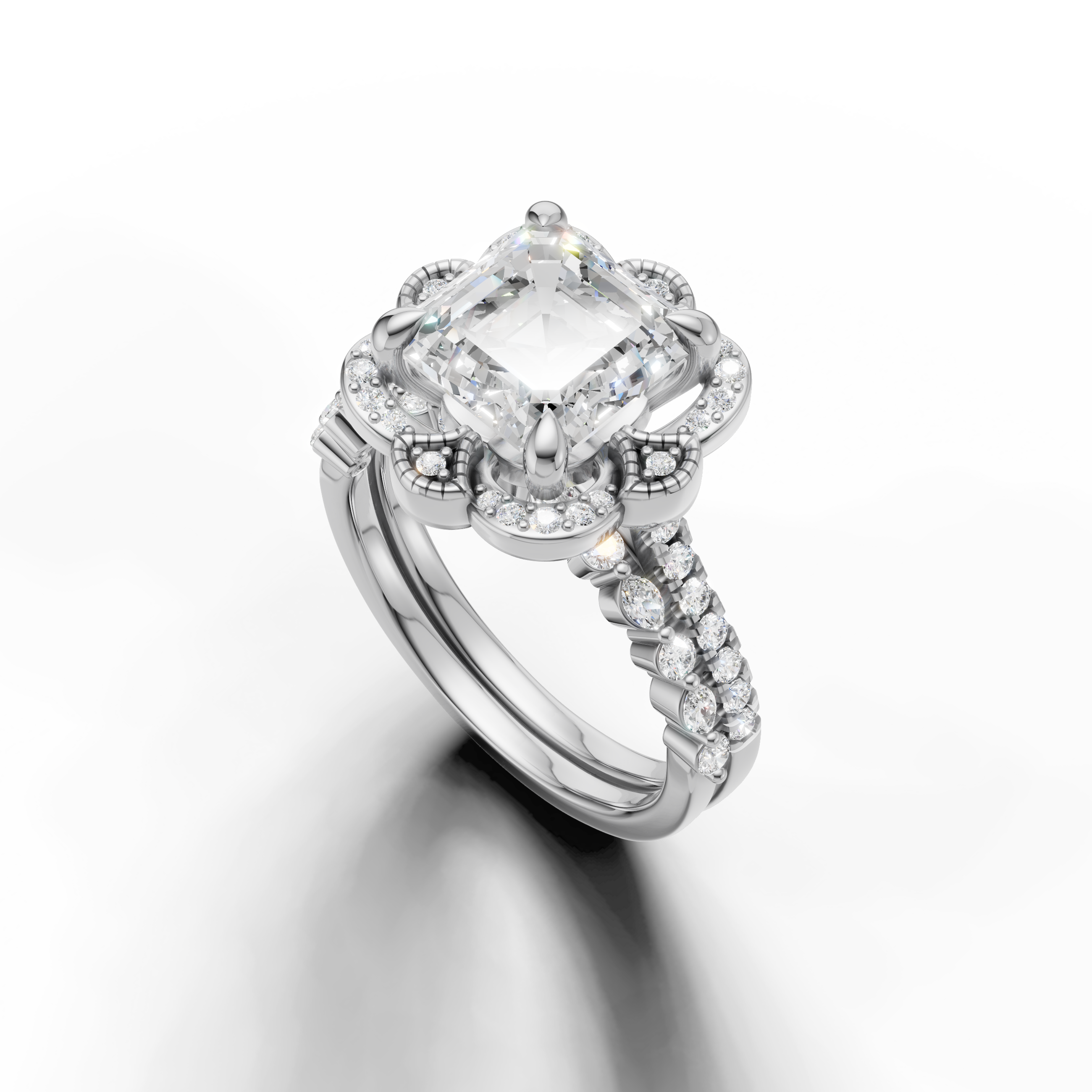 Modern Asscher Cut Lab Grown Diamond Bridal Set with Floral Pavé Halo White Gold