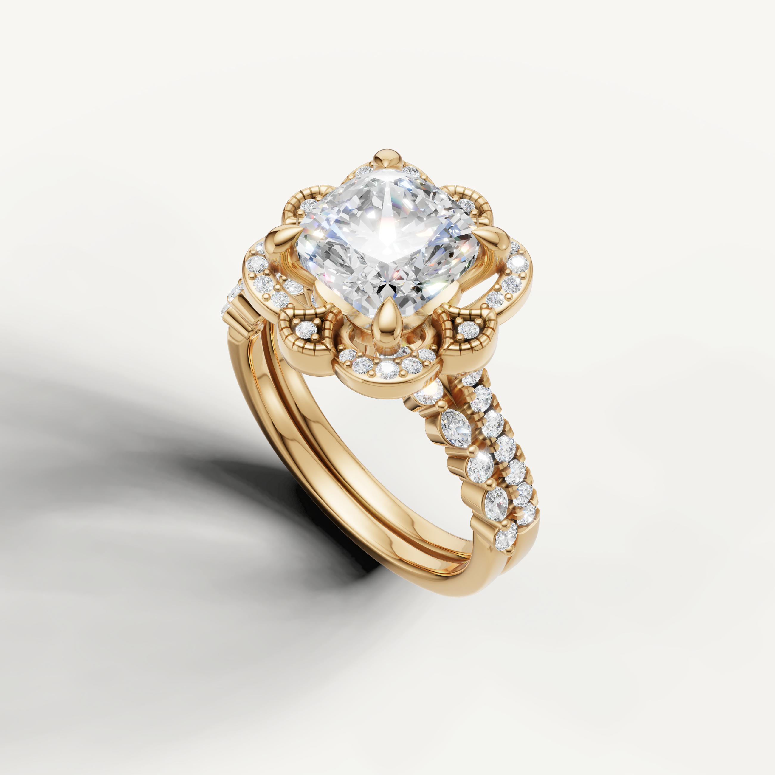 Luxury Cushion Cut Lab Grown Diamond Bridal Set with Pavé Floral Design Yellow Gold
